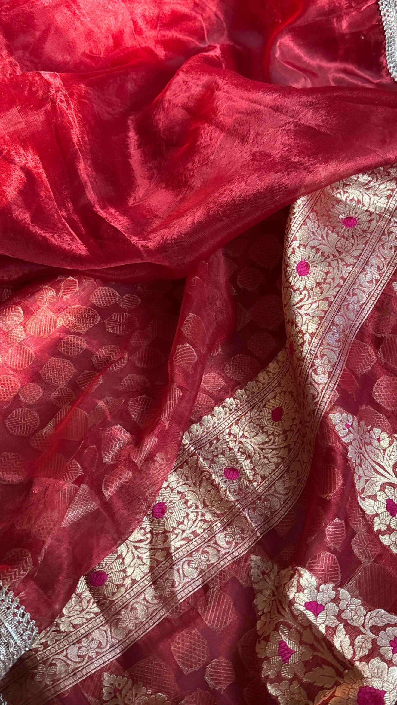 Teej special - Blood red tissue silk heavy meenakari pallu kadhwa saree