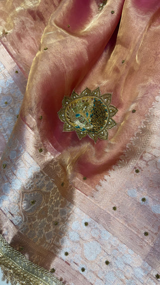 Cocktail wali saree - Peachy pink tissue silk heavy hand embroidered saree