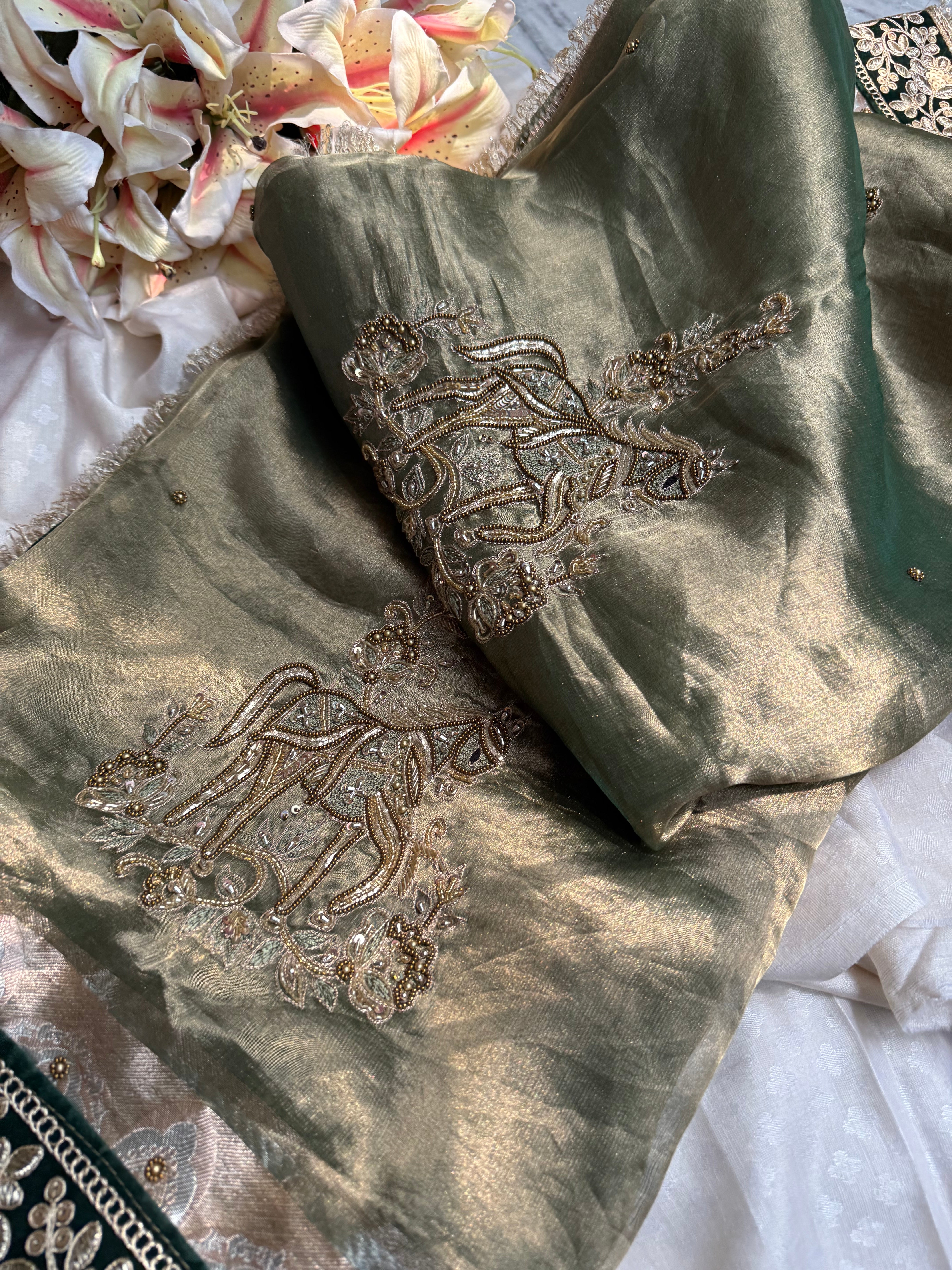 सुनहरा घोड़ा-  Royal horse motif tissue silk mint green hand embroidered saree
