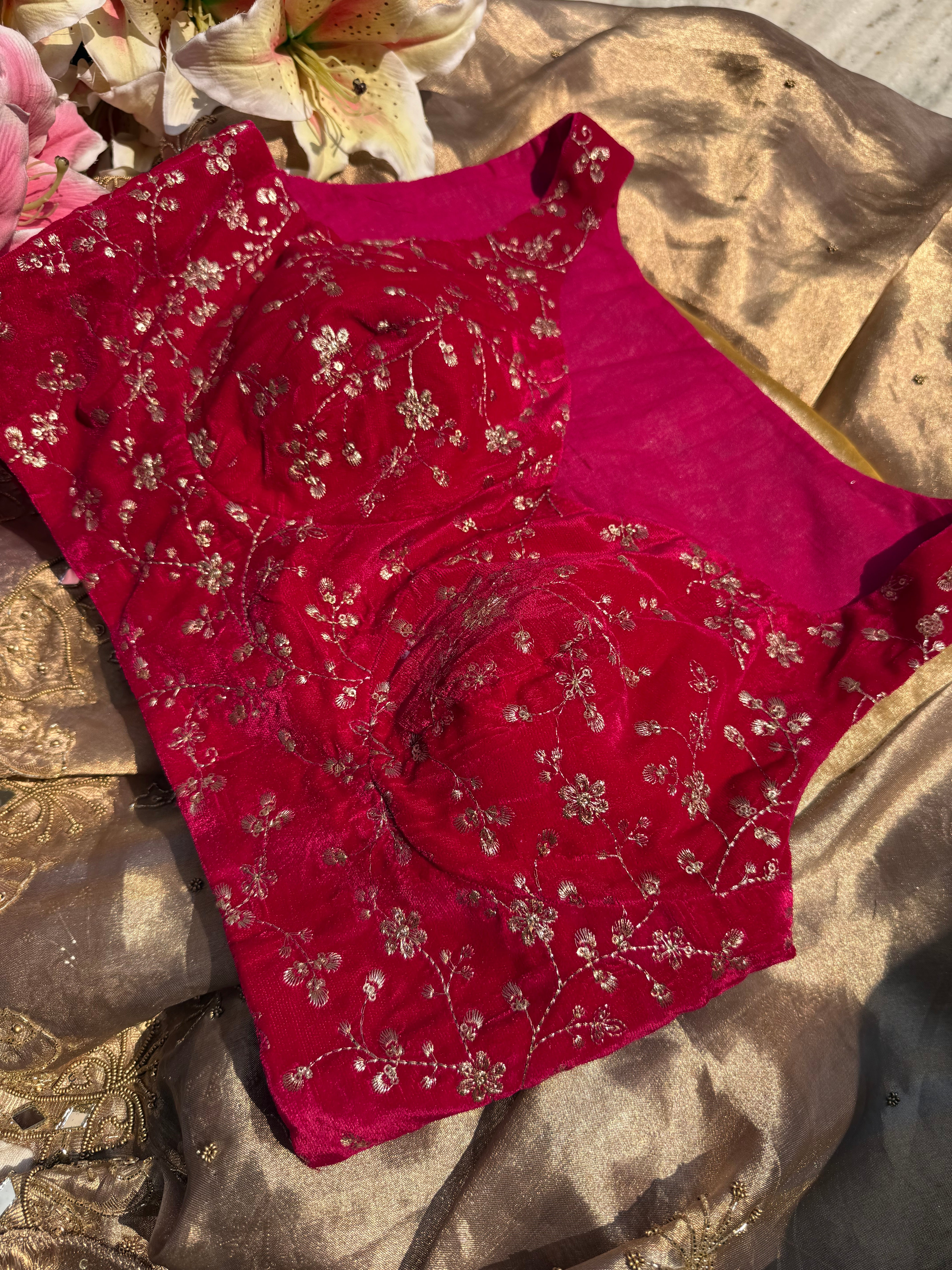 Free size velvet rani pink hand embroidered blouse
