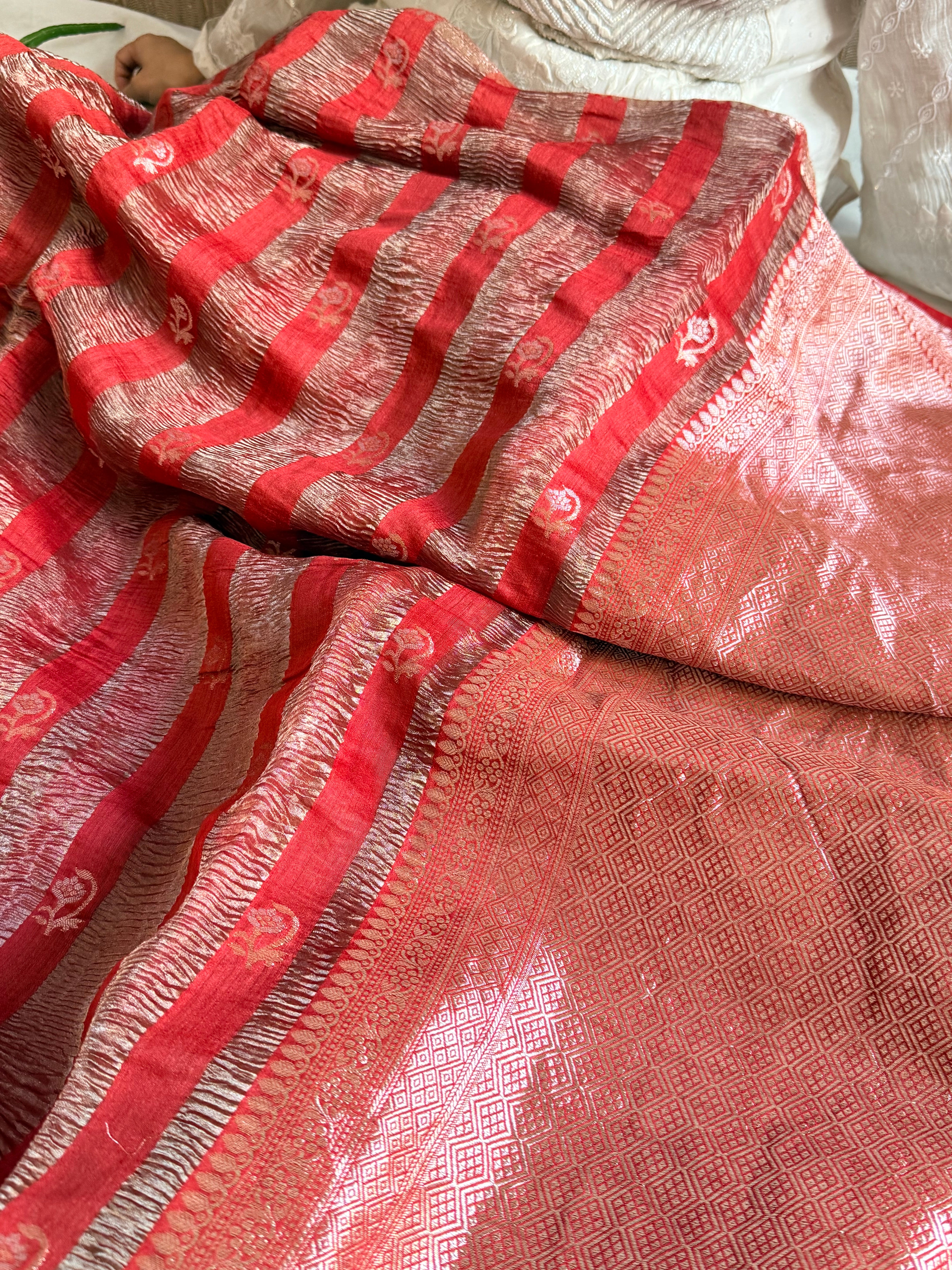 Below 10k - Crushed raw mango silk and tissue silk kadhwa border saree