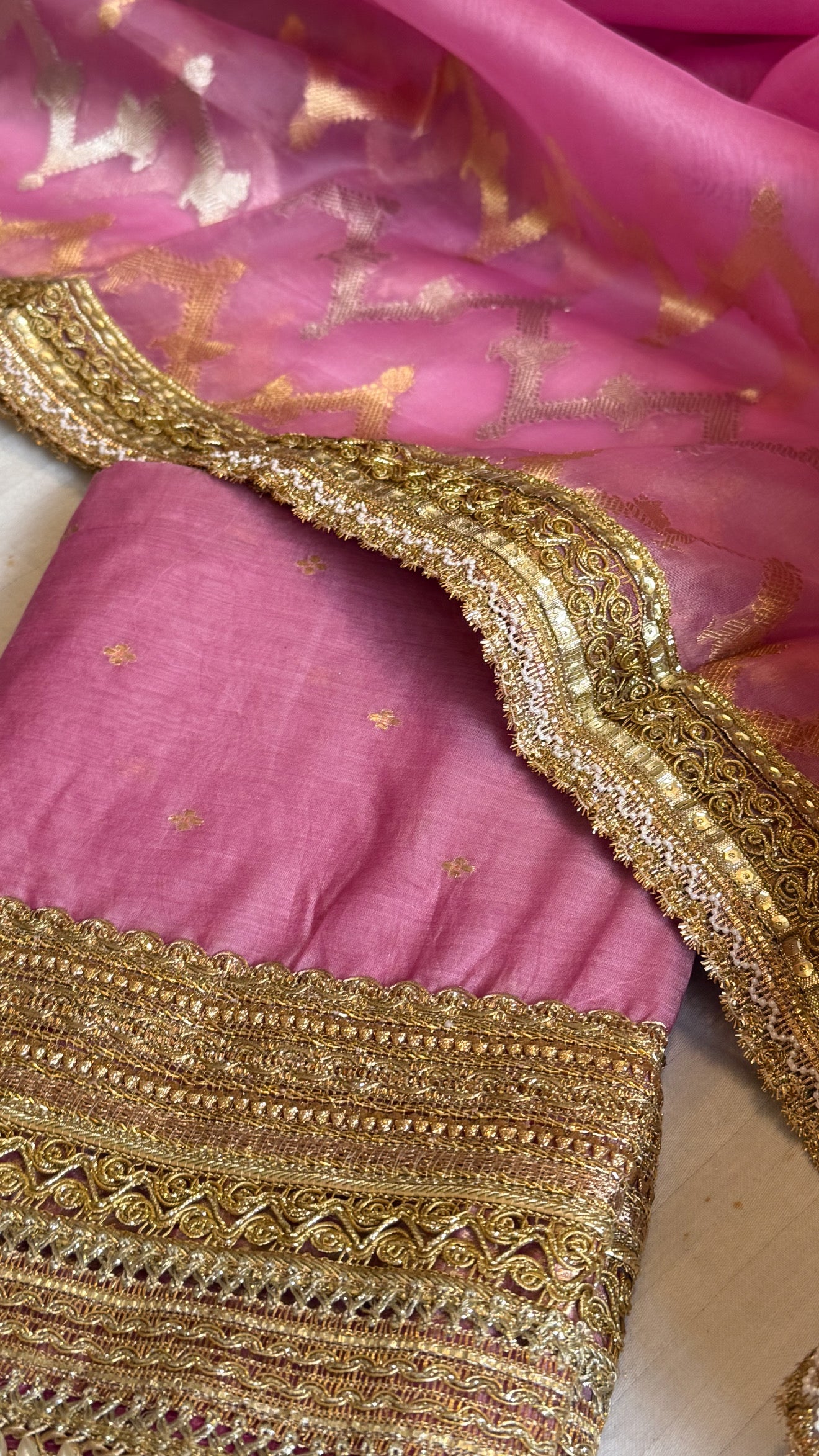 Banarasi kora silk kadhwa buti gotapatti suit set