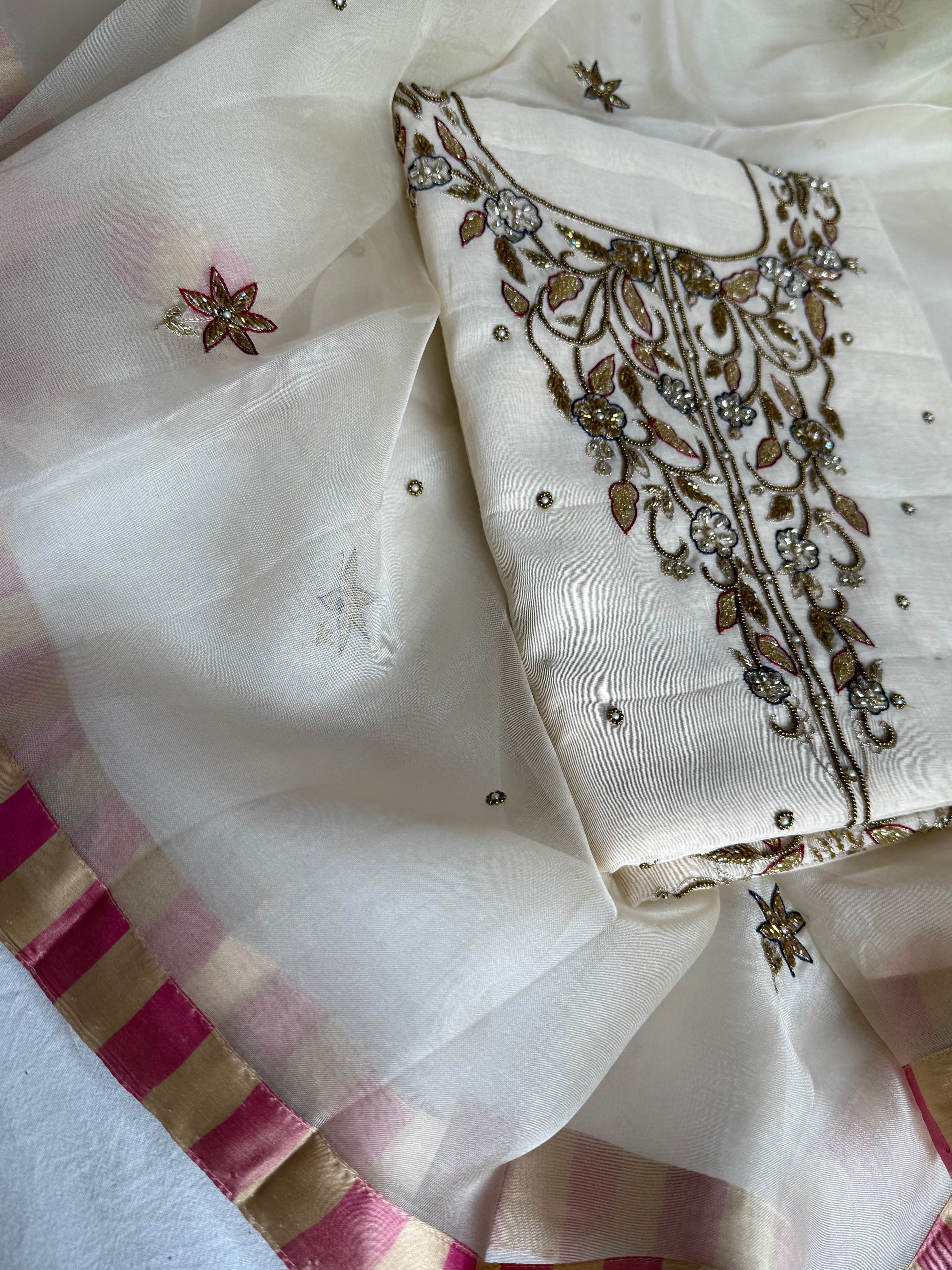 Banarasi formal wear mul cotton heavy hand embroidered suit set with kora silk banarasi border duppata