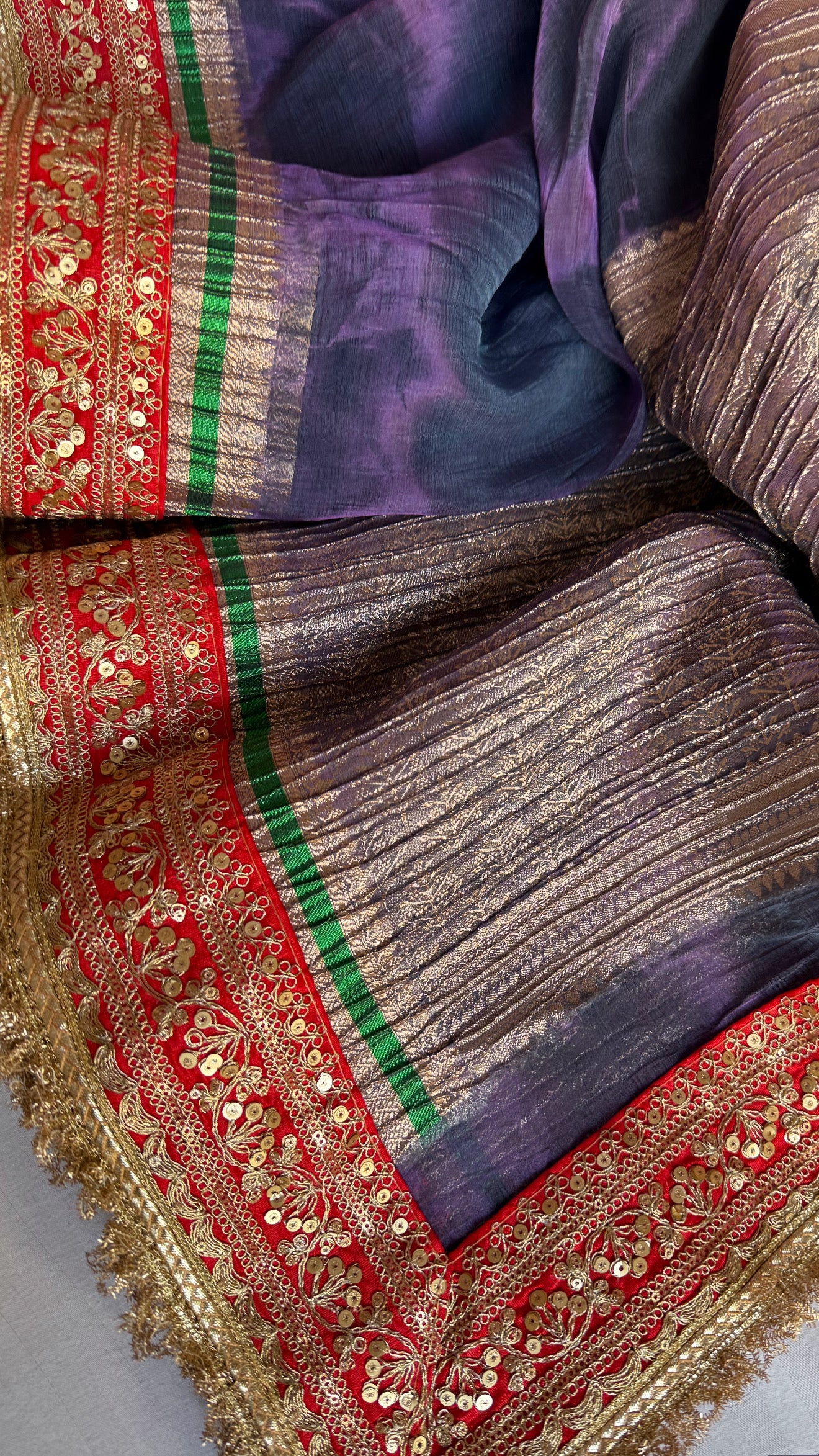 Midnight blueish-purple dhup chao effect pleated maharani tissue silk saree