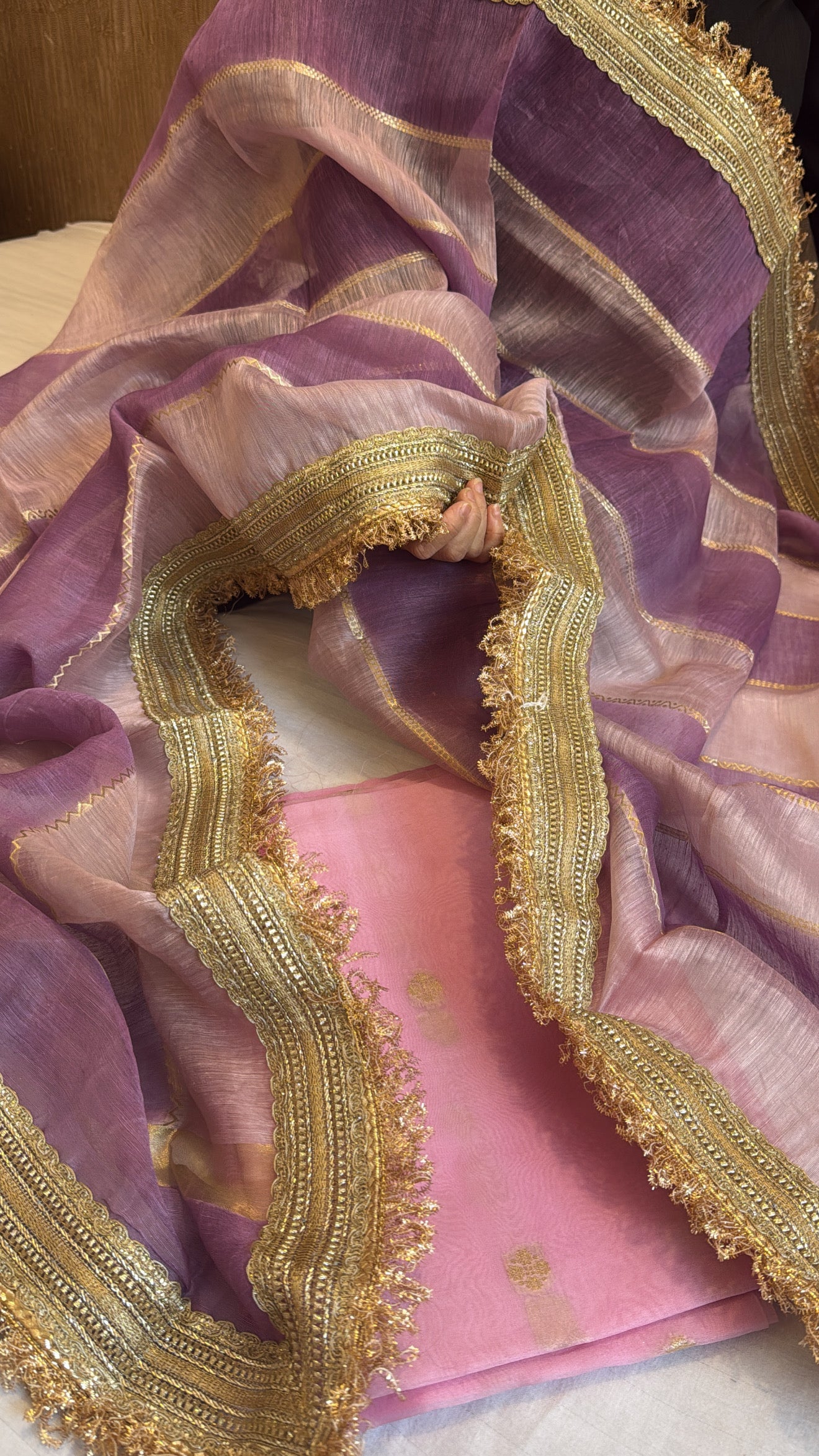 Candy pink kora silk kurta paired with linen gorgette rangkaat duppata set