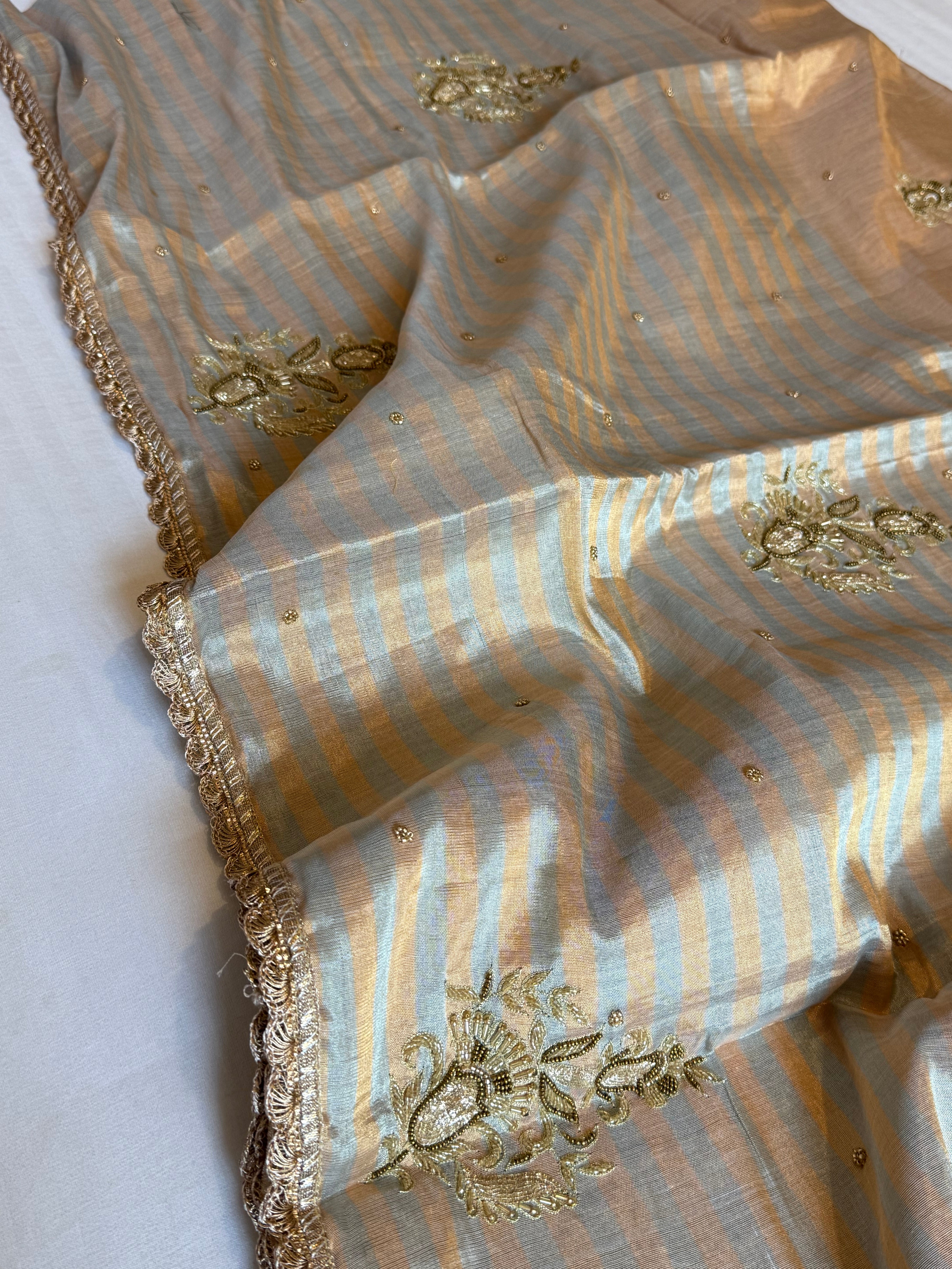 Golden satin tissue silk heavy hand embroidered kadhwa saree