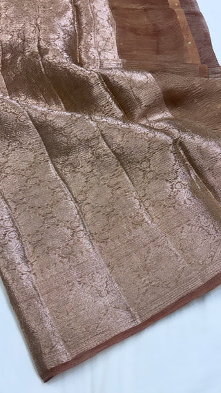 Pure banarasi english brown crushed tissue silk handwoven kadhwa saree with intricate border and kadhwa blouse