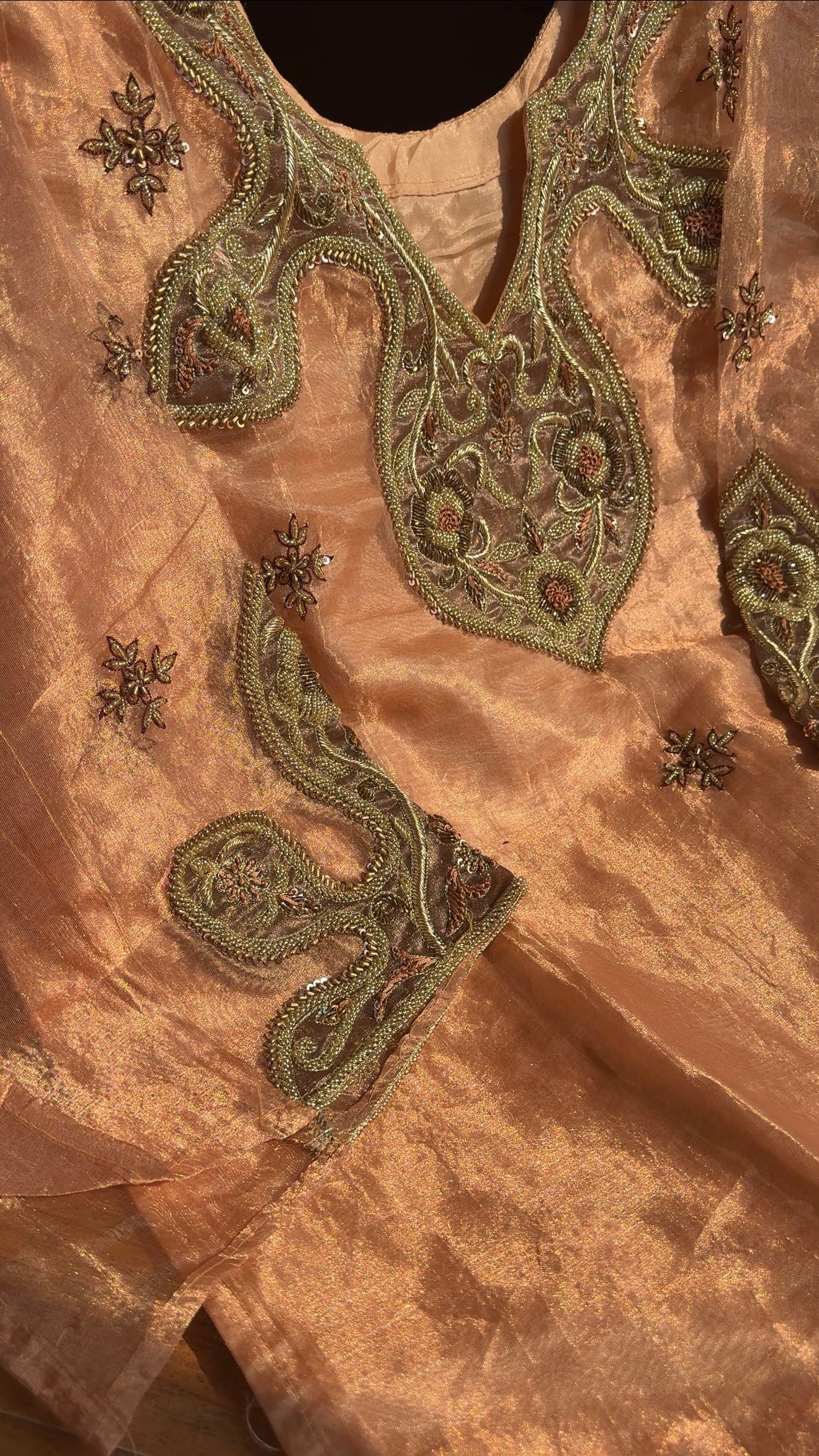 Pakeeza inspired copper tissue silk heavy zardozi work suit set