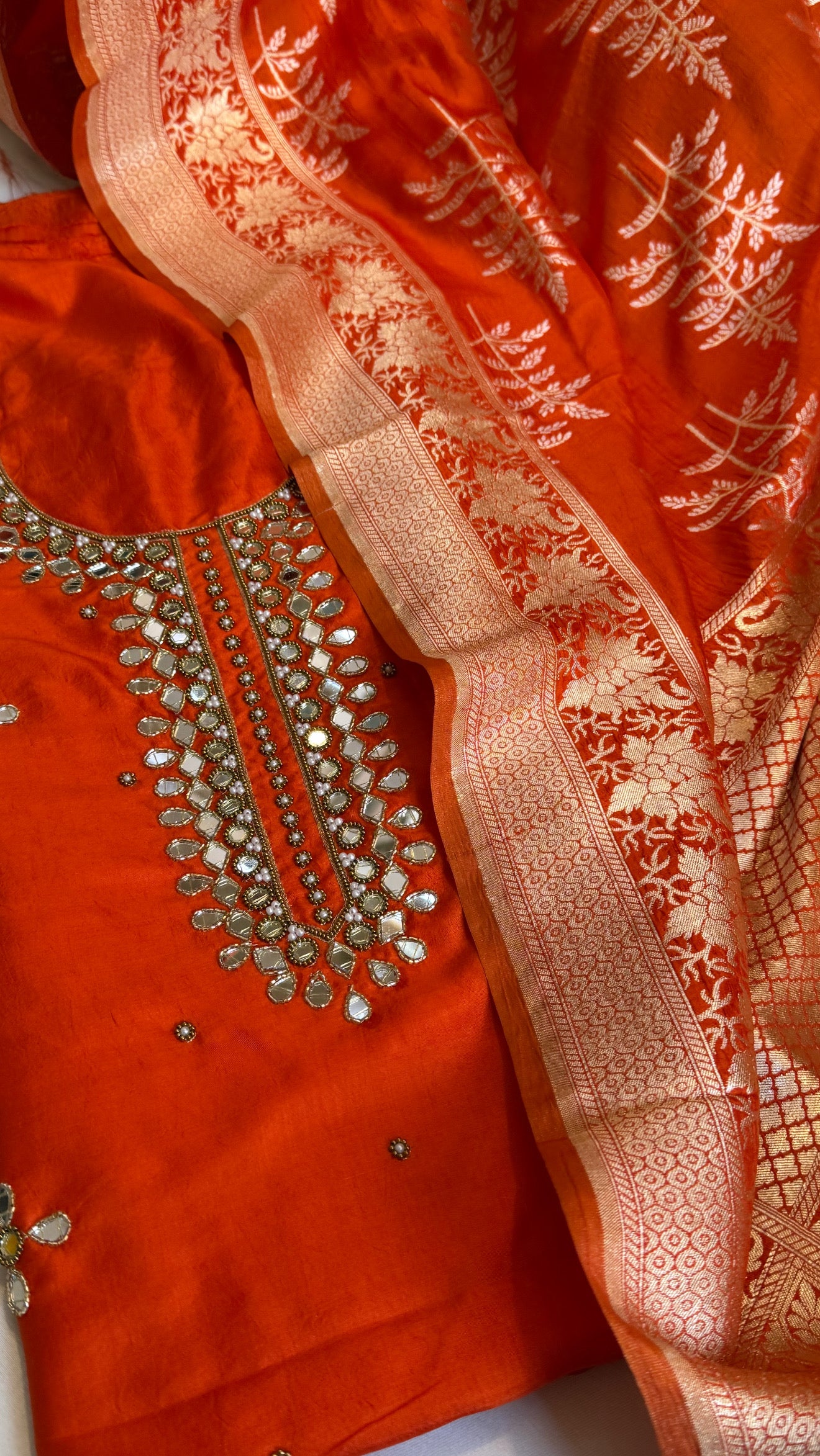 Sheesham fanta orange mirror work hand embroidered katan silk suit set