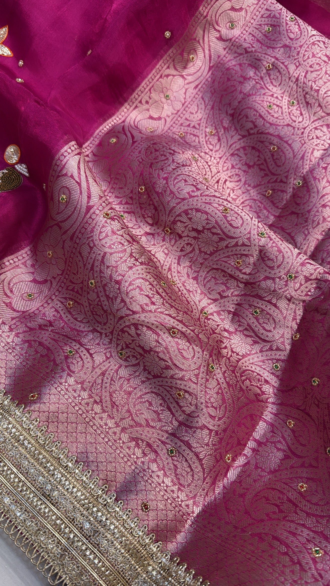Hot pink husn tissue silk hand embroidered kadhwa saree