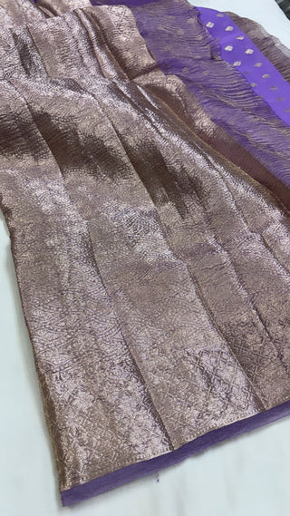 Pure banarasi bright lavender crushed tissue silk handwoven kadhwa saree with intricate border and kadhwa blouse