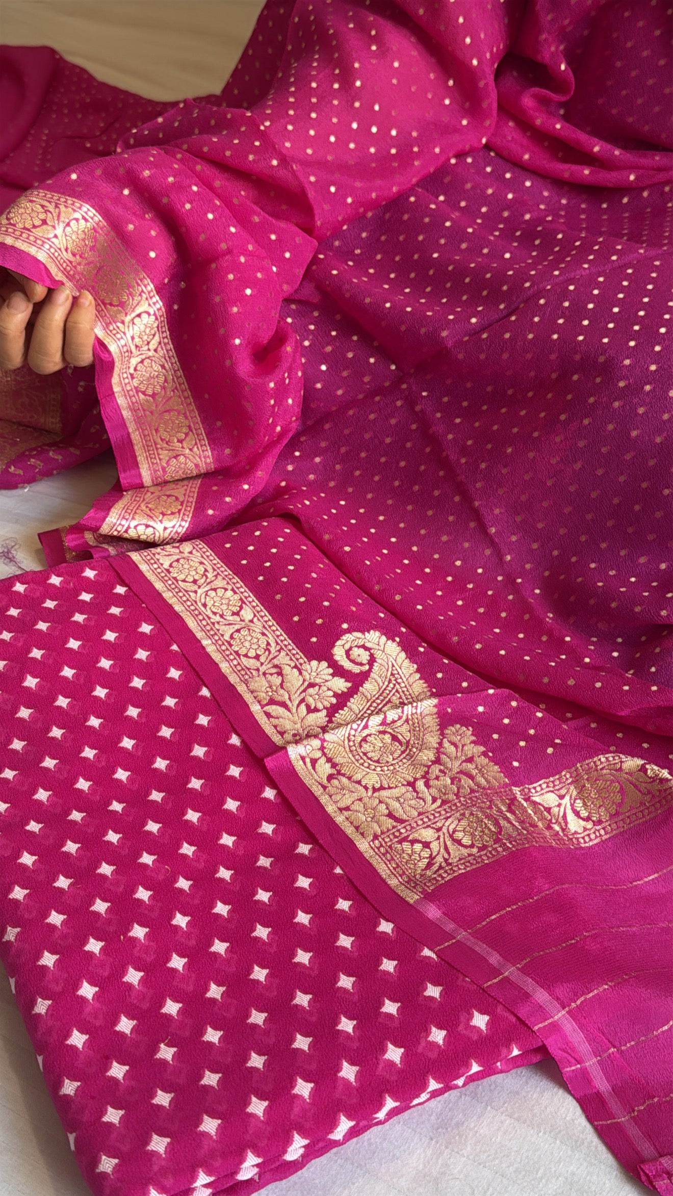Vivah edit - Hot pink chiffon gorgette chunri buti Banarasi suit set