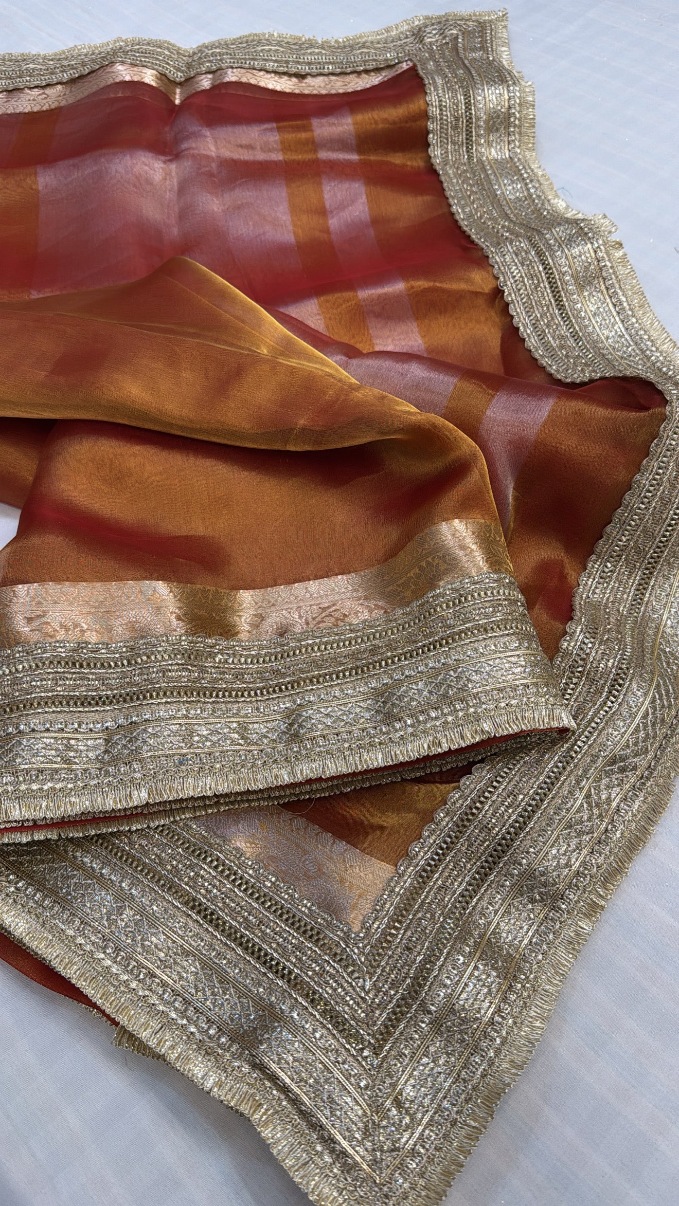 Maharani Fanta orange tissue silk kadhwa gotapatti saree
