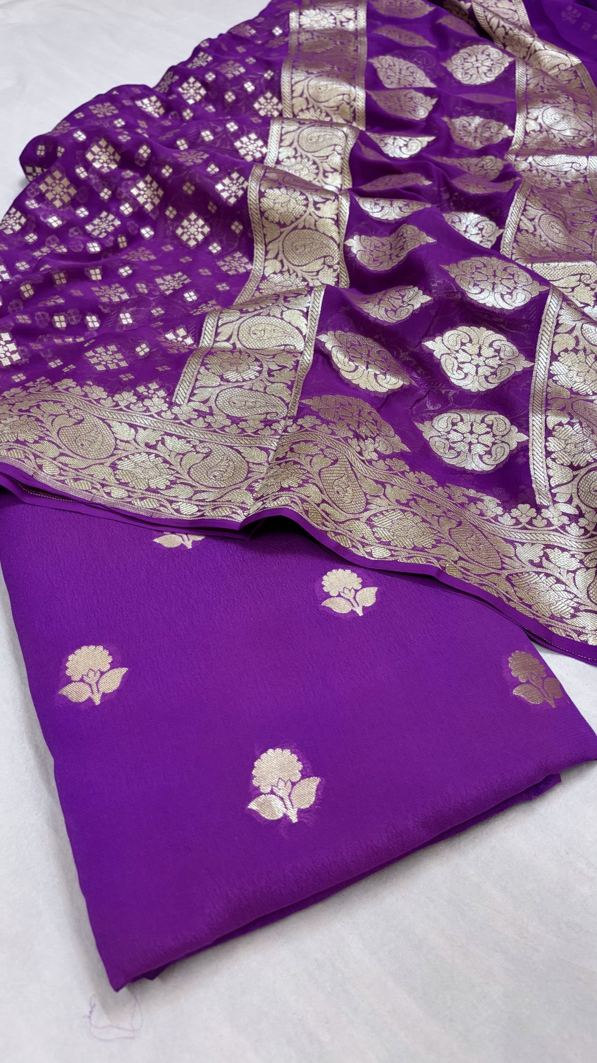 Bright purple banarasi gorgette kadhwa suit set