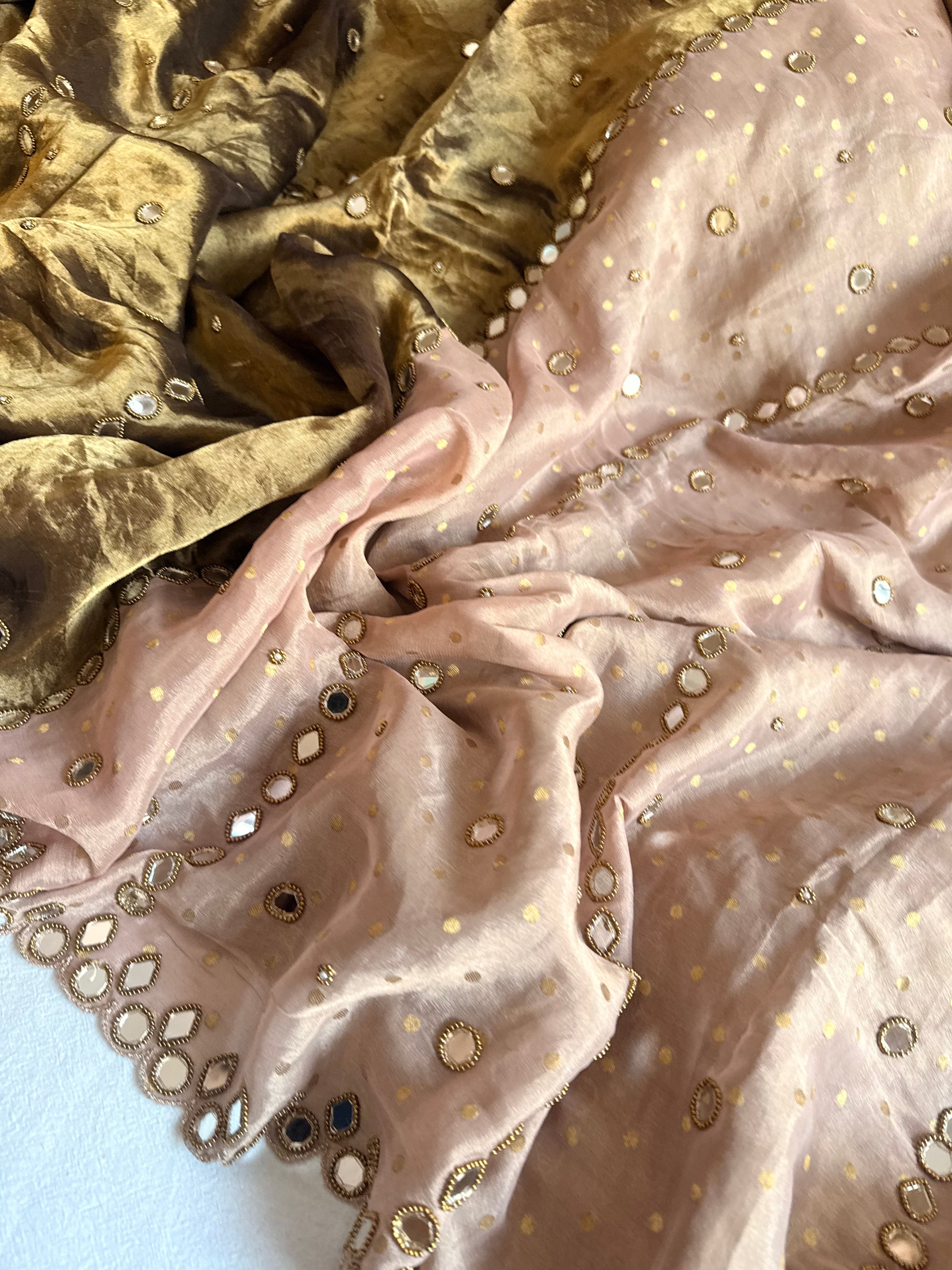 Tyohaar edit - Chiffon tissue gorgette mirrorwork half-half kafhwa buti saree