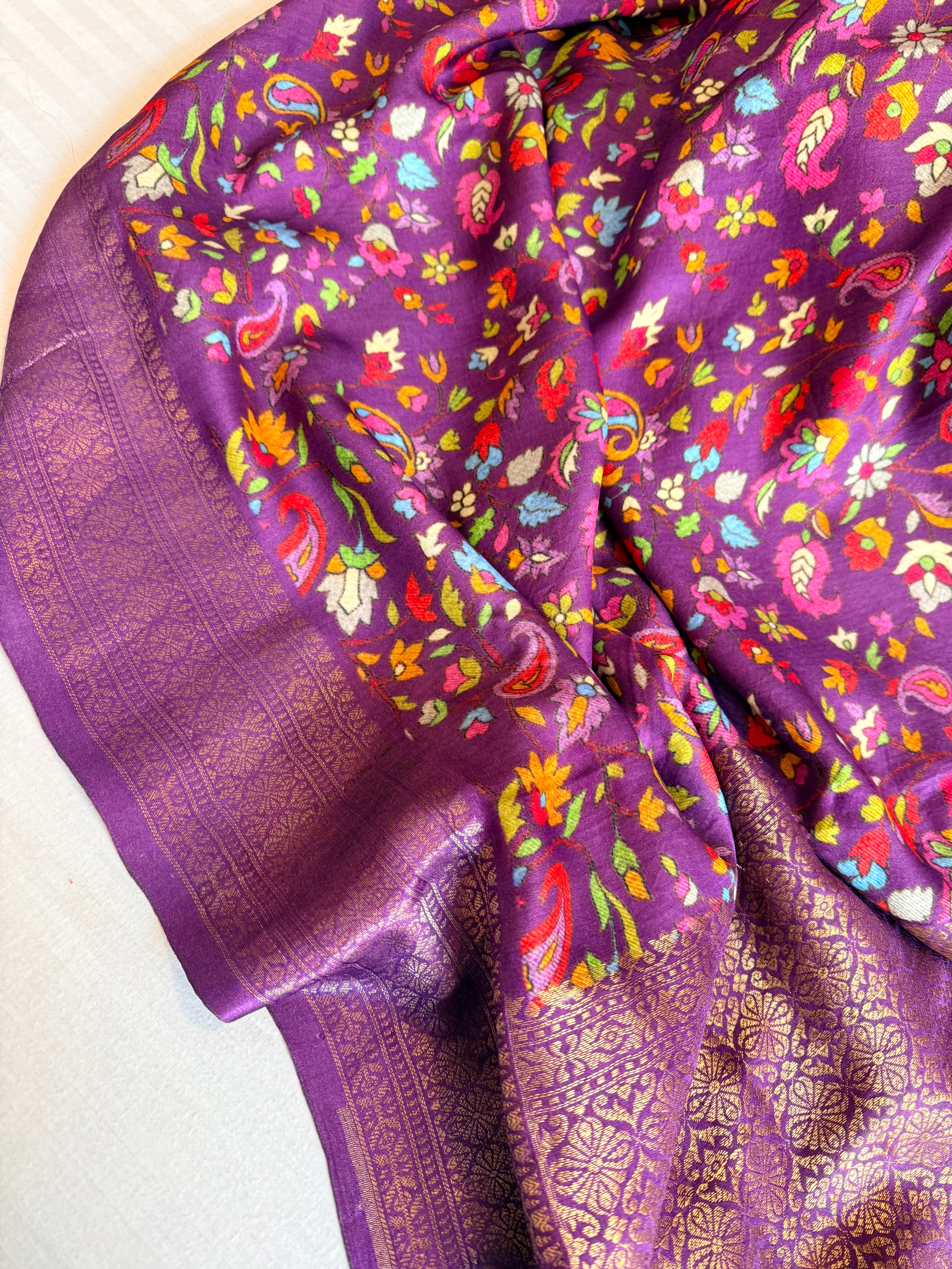 Banarasi mashru satin silk kani weaving printed purple saree