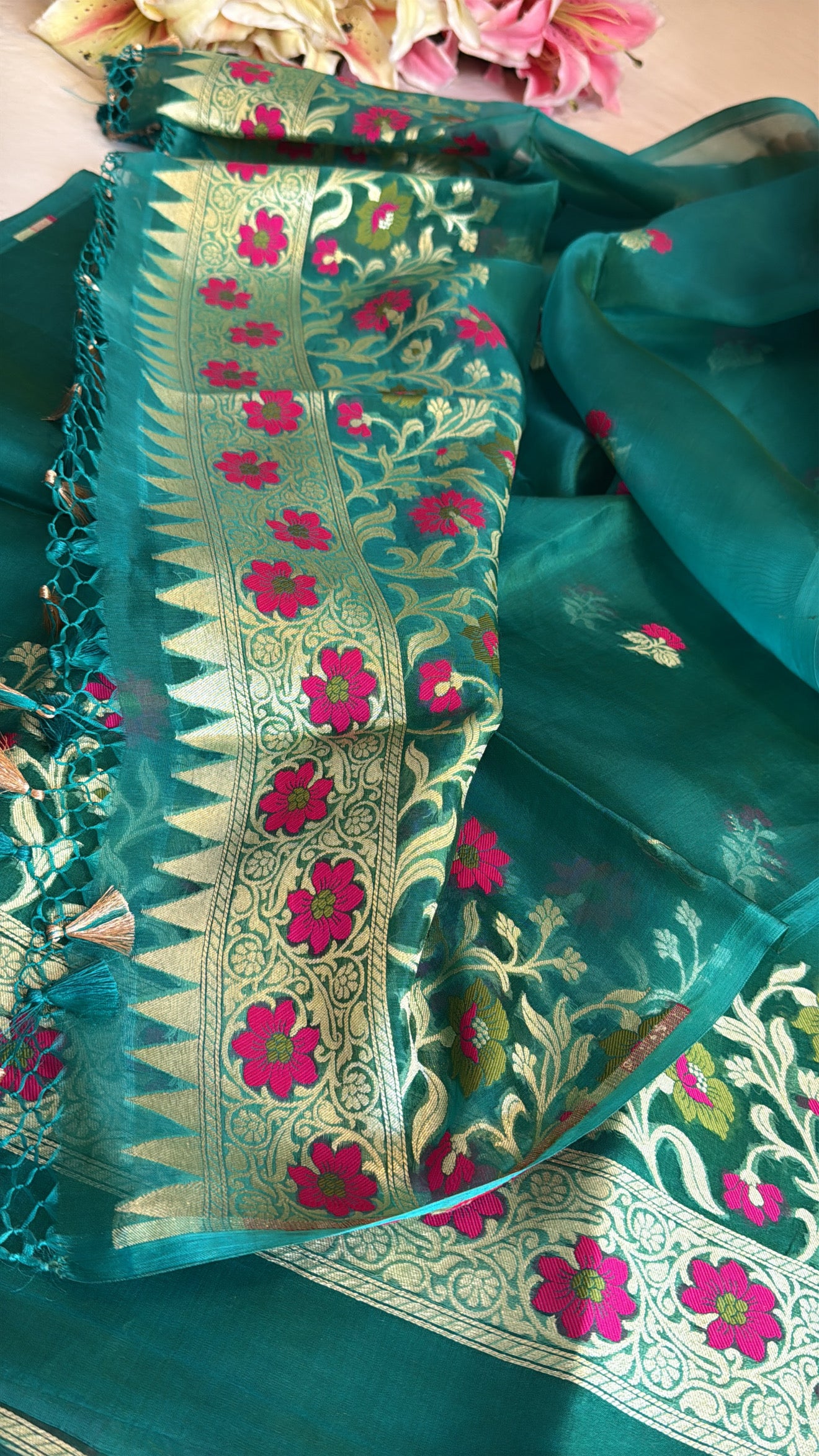 Emerald green dhup chao effect tissue silk meenakari kadhwa suit set