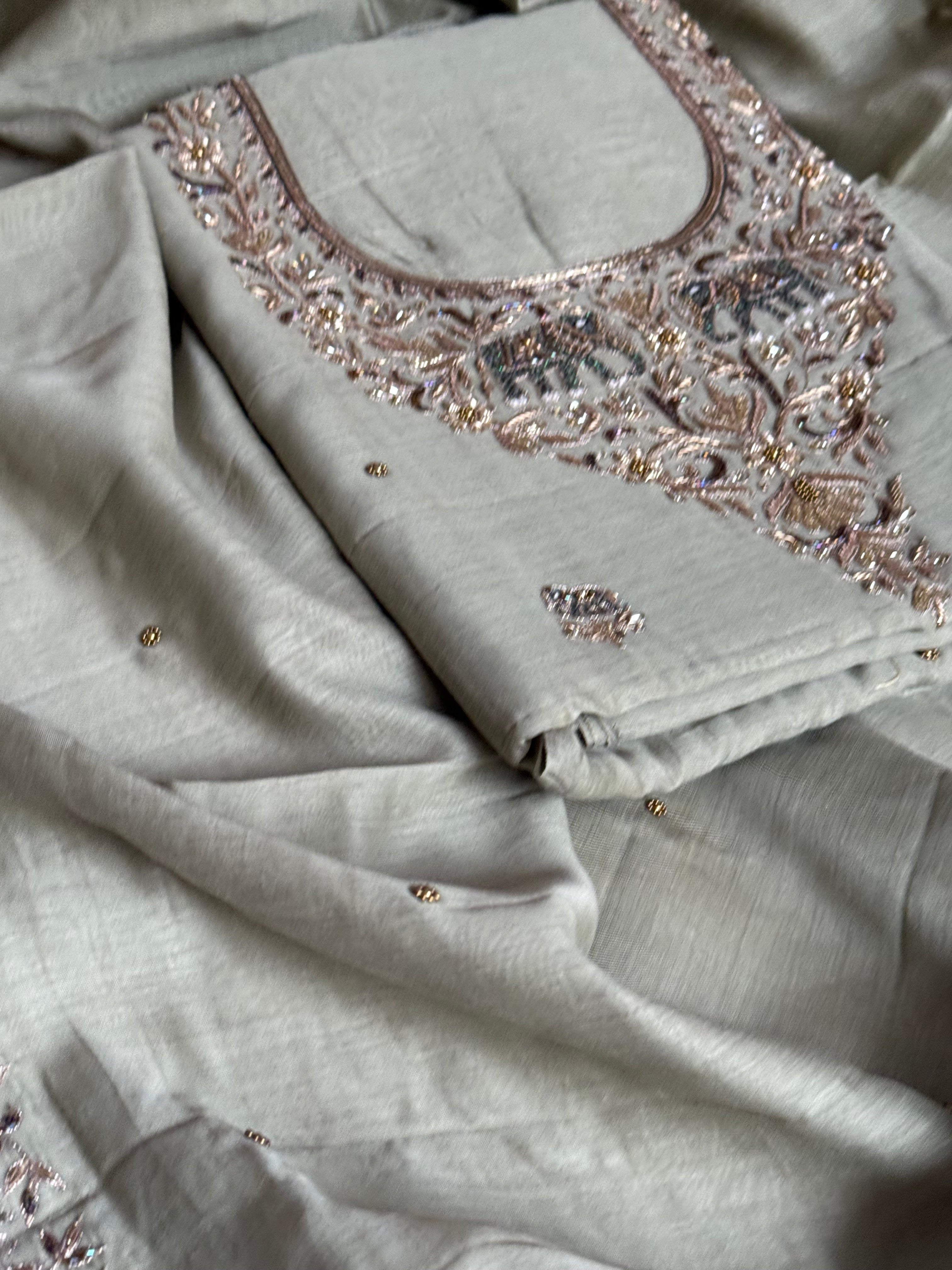 Banarasi formal wear mul cotton sage green hand embroidered kadhwa suit set with mul cotton hand embroidered duppata