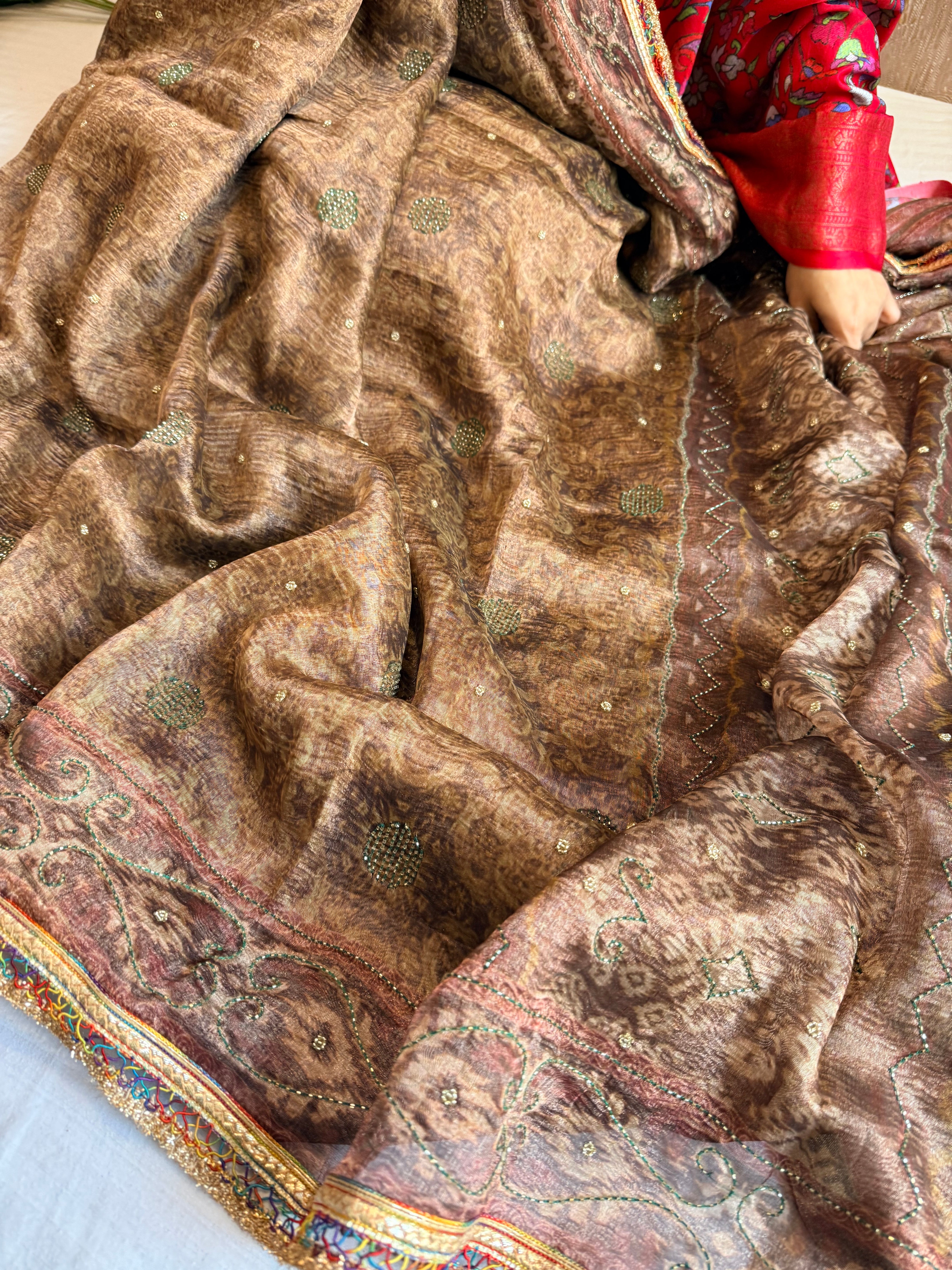 Printed tissue silk hand embroidered kadhwa gotapatti saree
