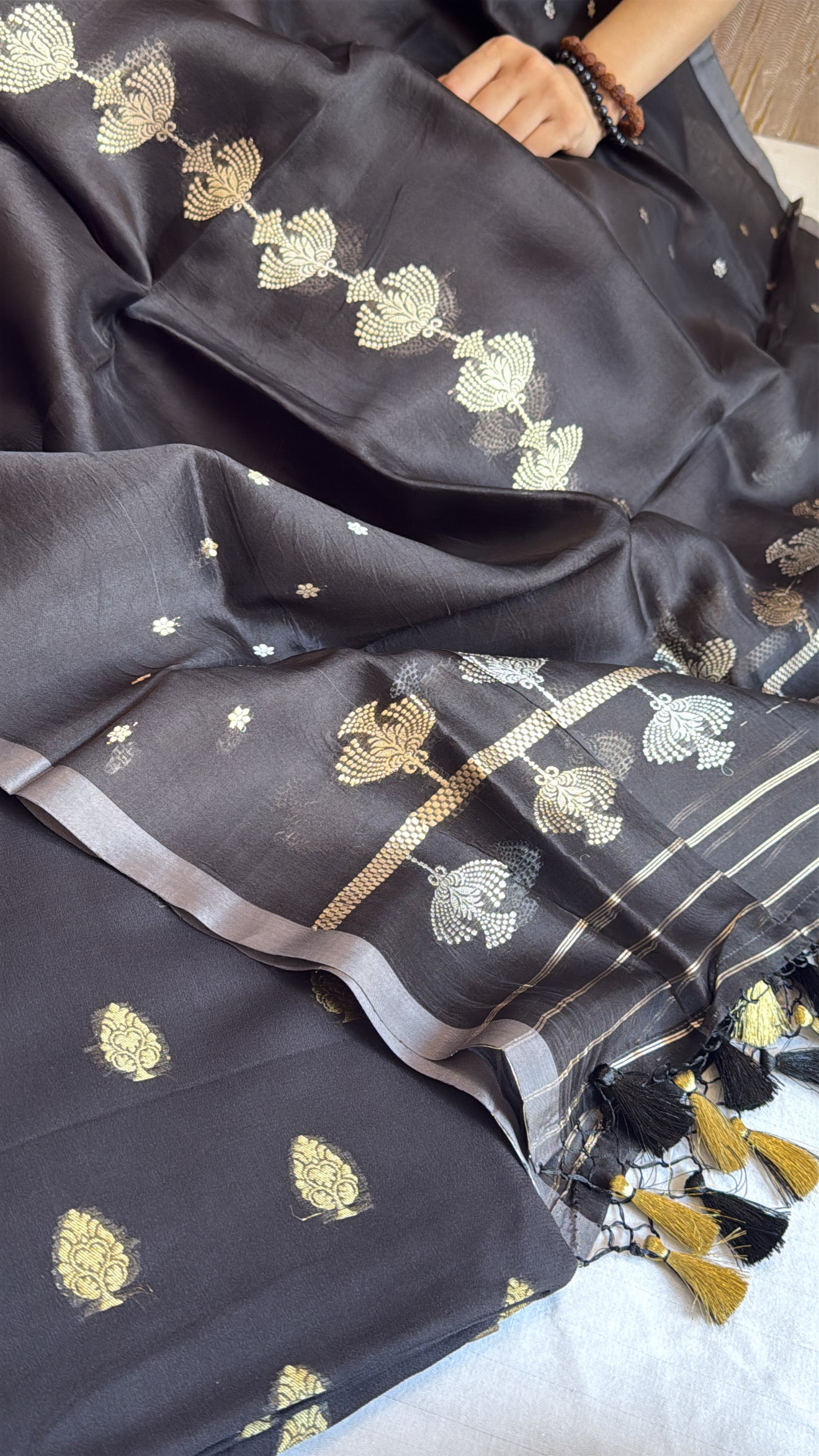 Charcoal black banarasi moonga silk kadhwa suit set