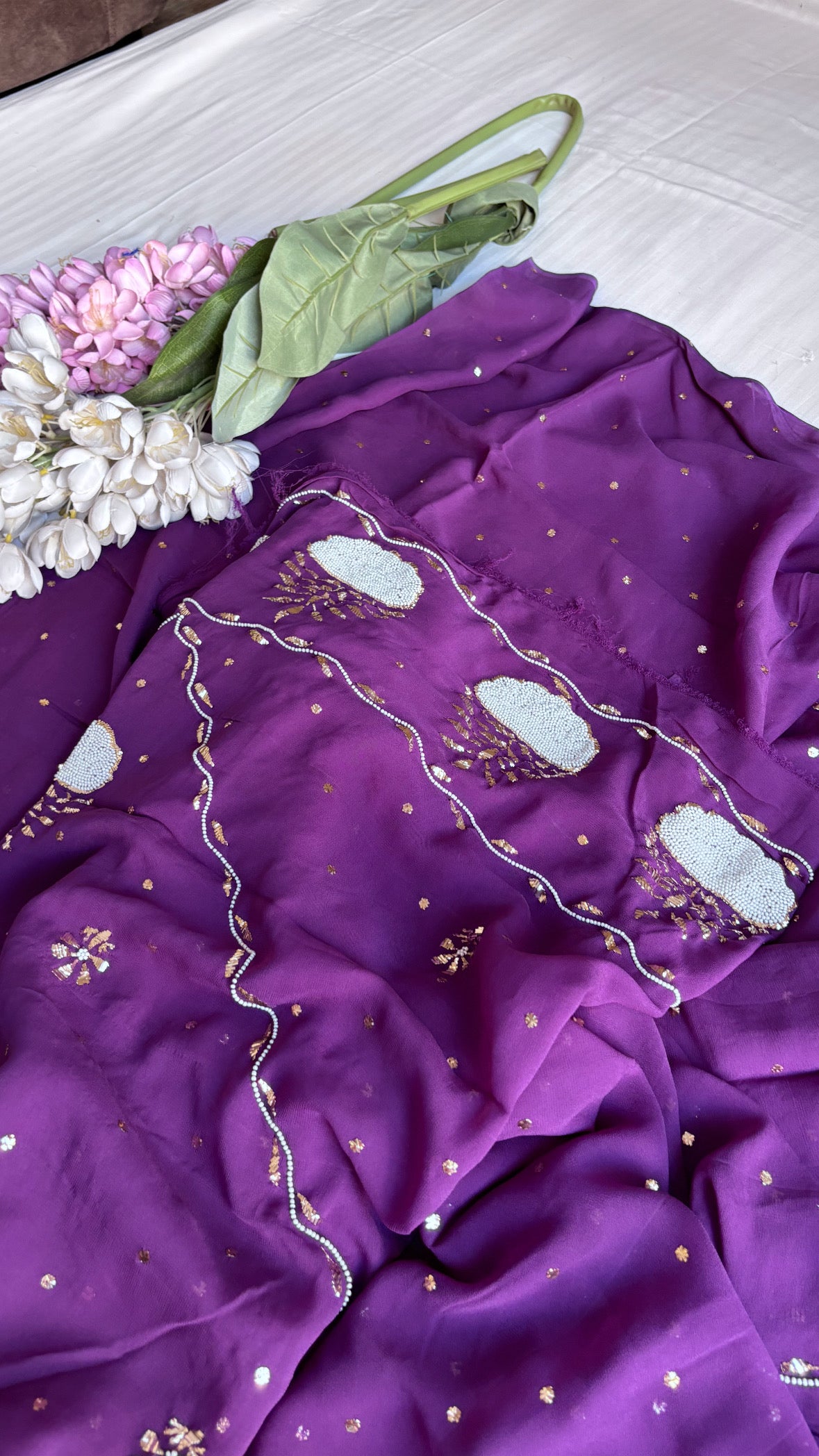 Pure banarasi purple gorgette katdana and mukaish pearl hand embroidered suit set