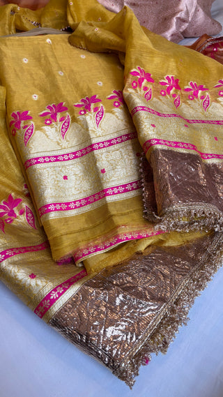 Haldi yellow linen tissue silk suit set