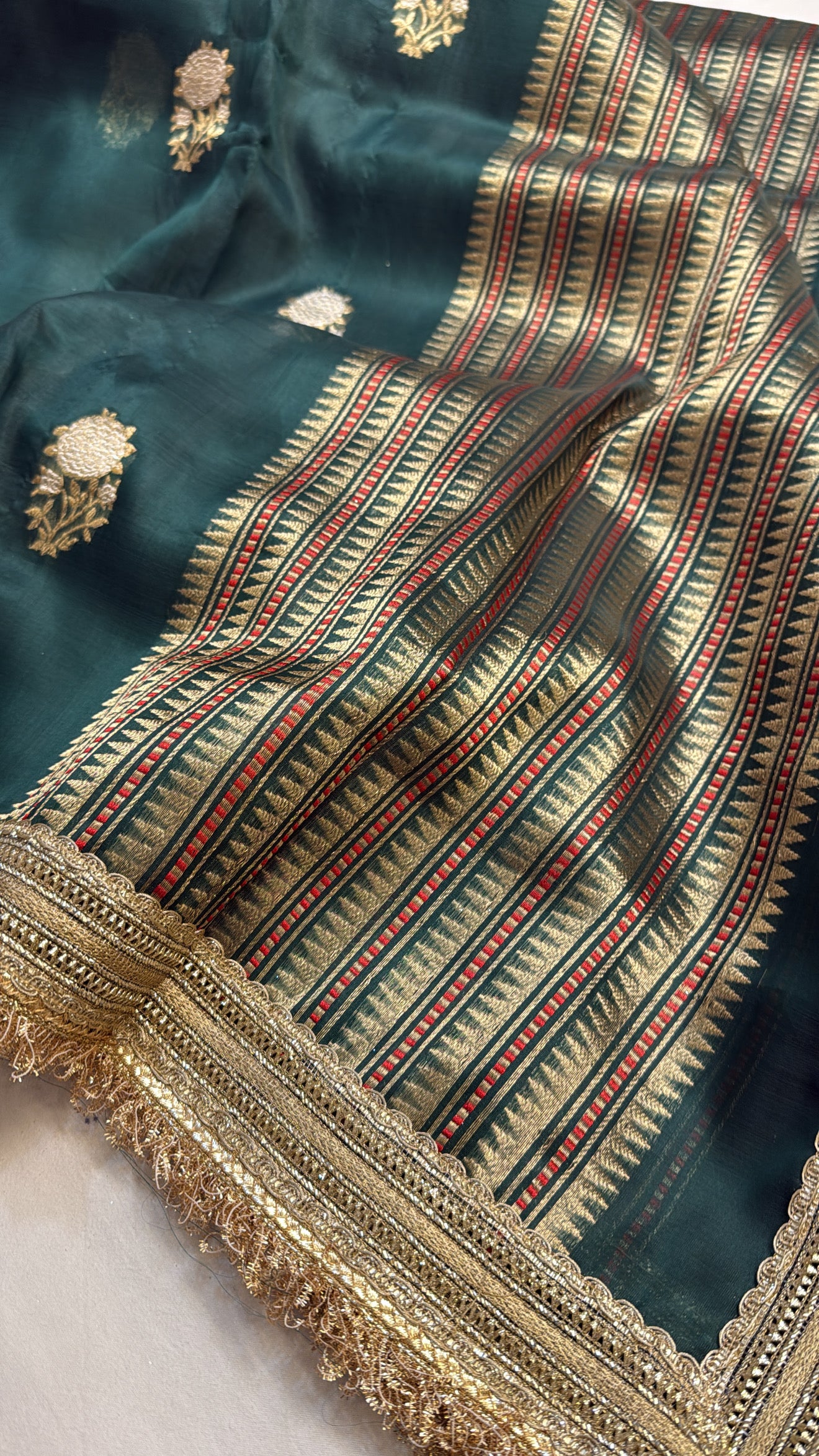 Dark bottle green kora silk meenakari kadhwa gotapatti saree