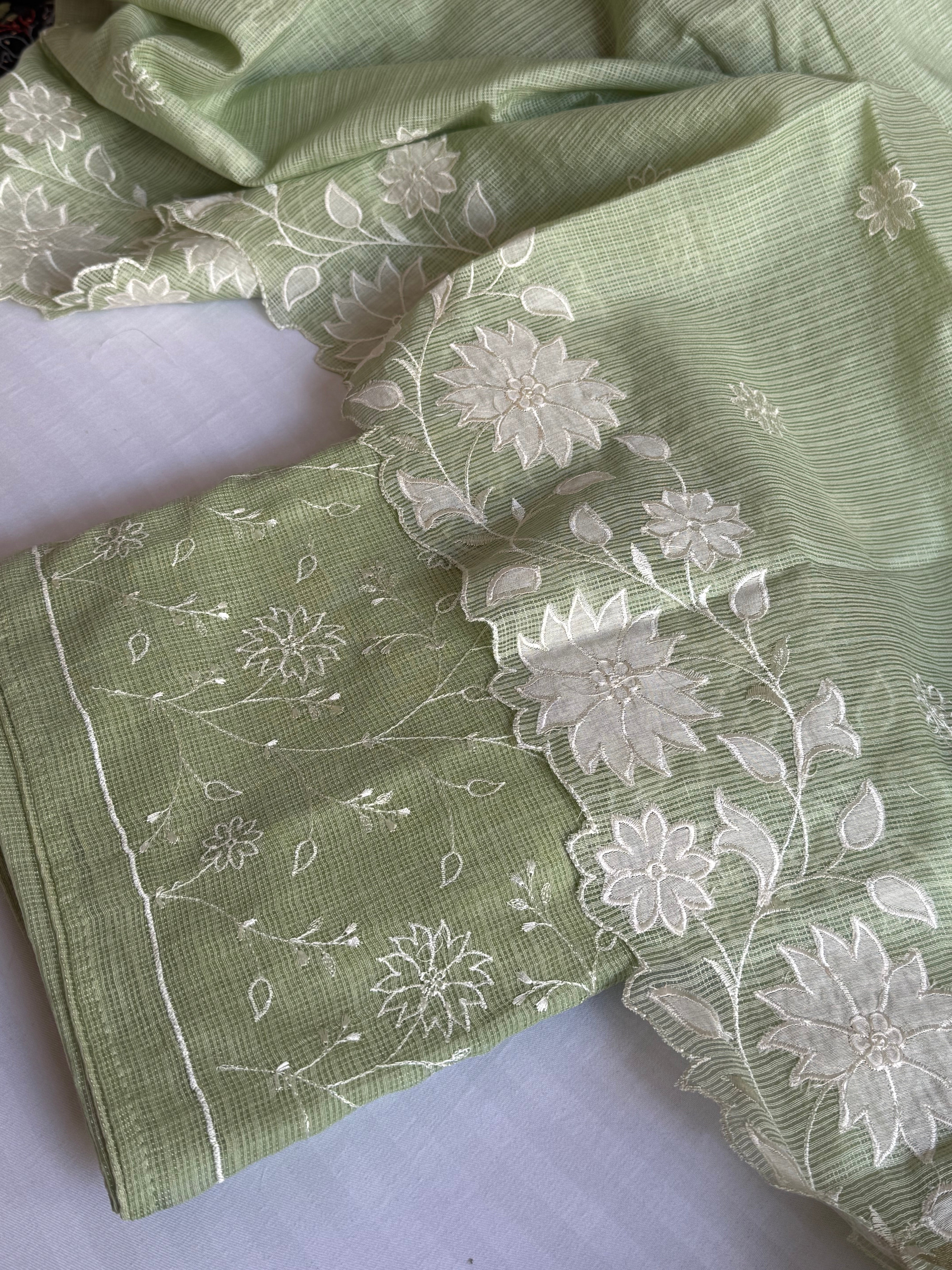 Apple green kota check appliqué work kadhwa suit set