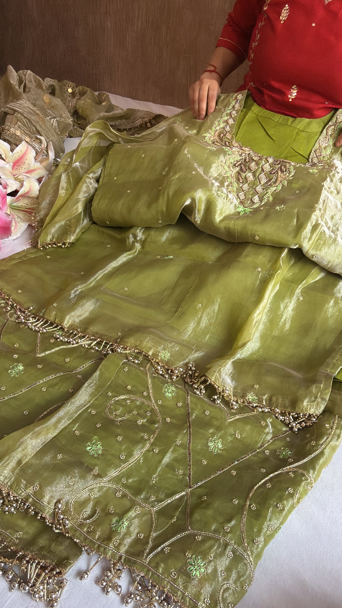 Mehendi green tissue silk hand embroidered heeramandi kadhwa suit set