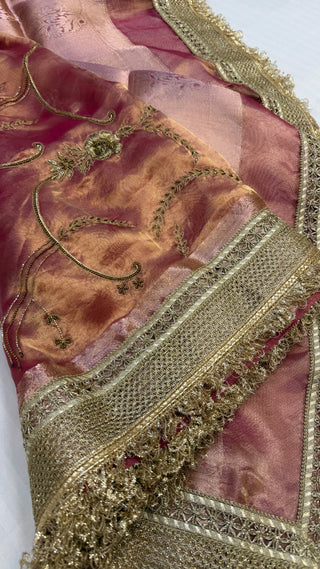 Cocktail wali saree - Rani pink tissue silk heavy hand embroidered saree