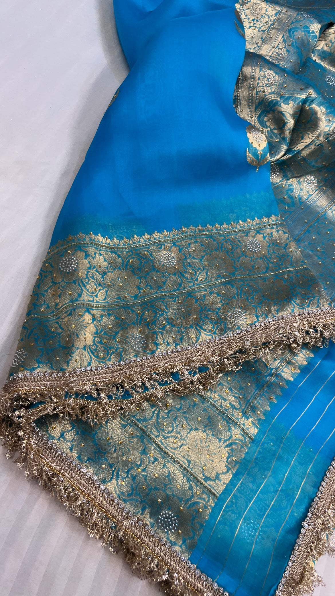 Sea blue sitara kora silk stonework saree