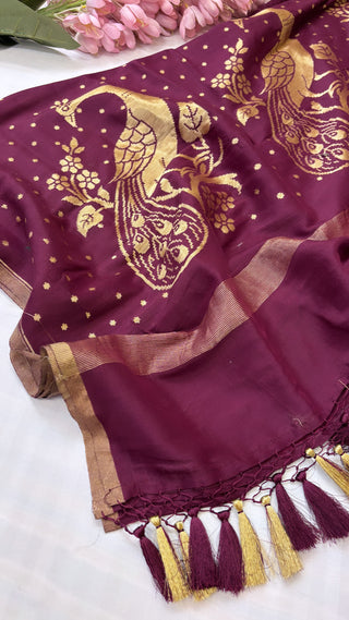 Moonga silk garnet red peacock duppata