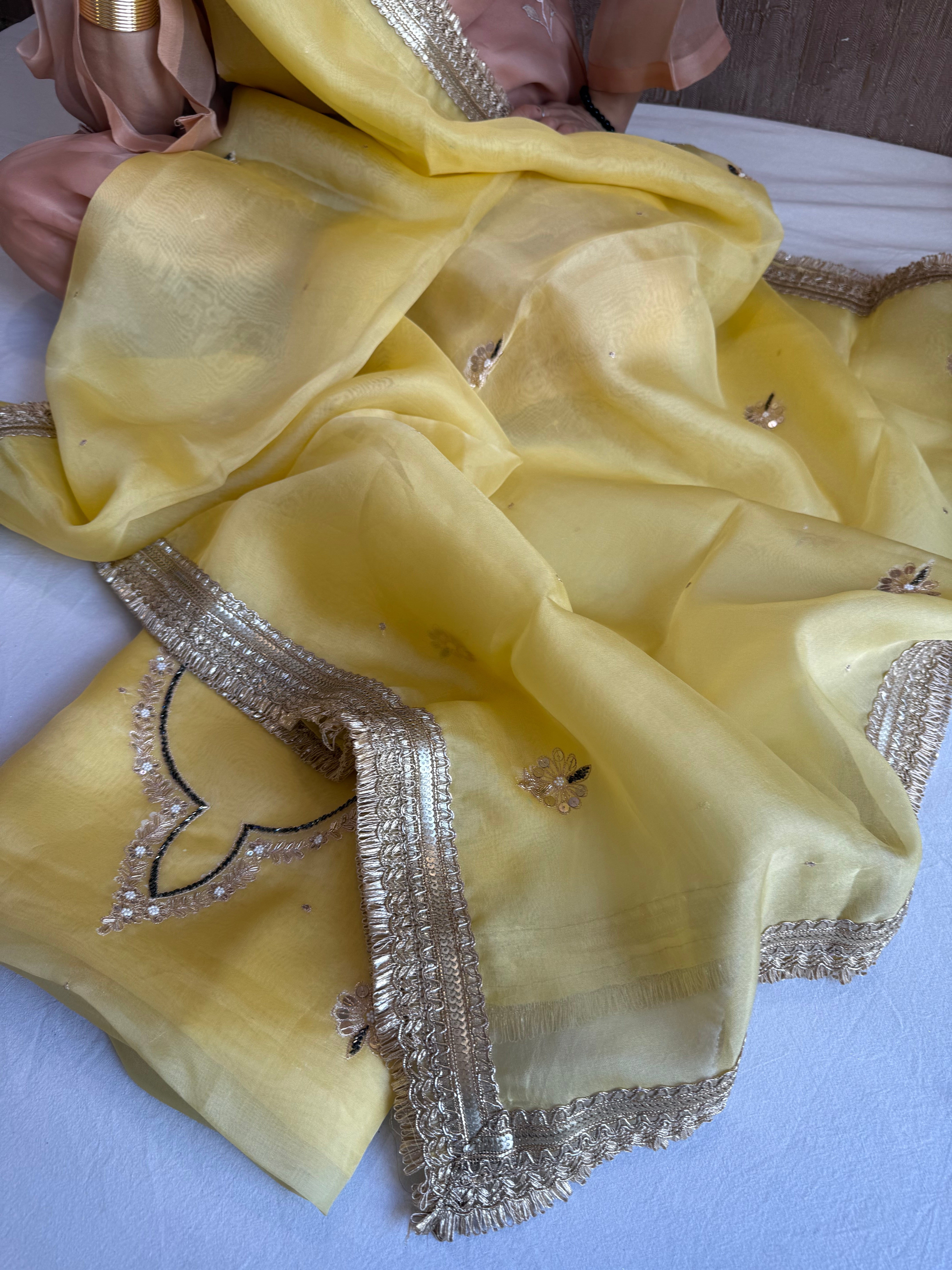 Aari and tilli hand embroidered butter yellow hand embroidered kadhwa suit set