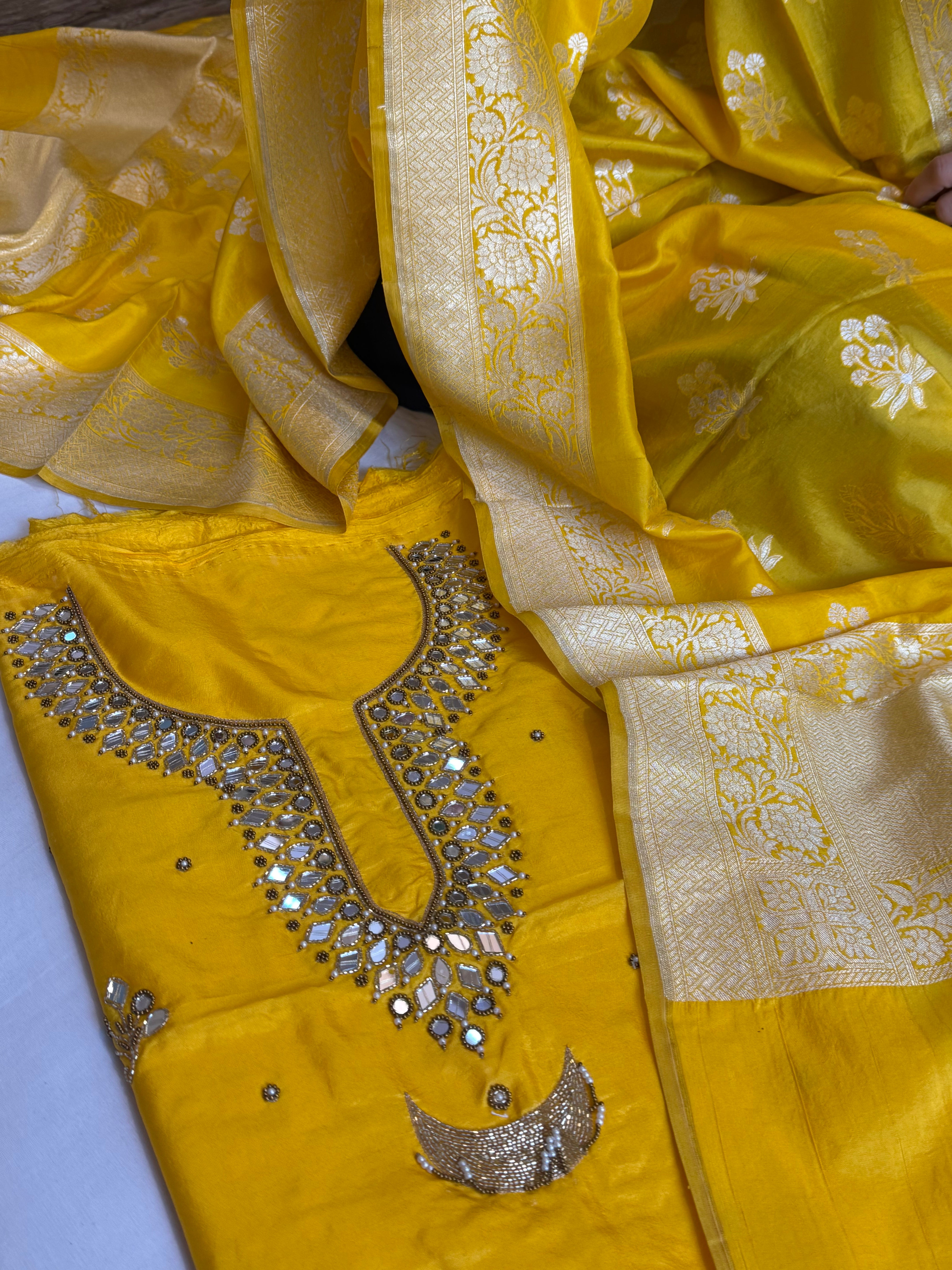Sheesham haldi yellow mirror work hand embroidered katan silk kadhwa suit set