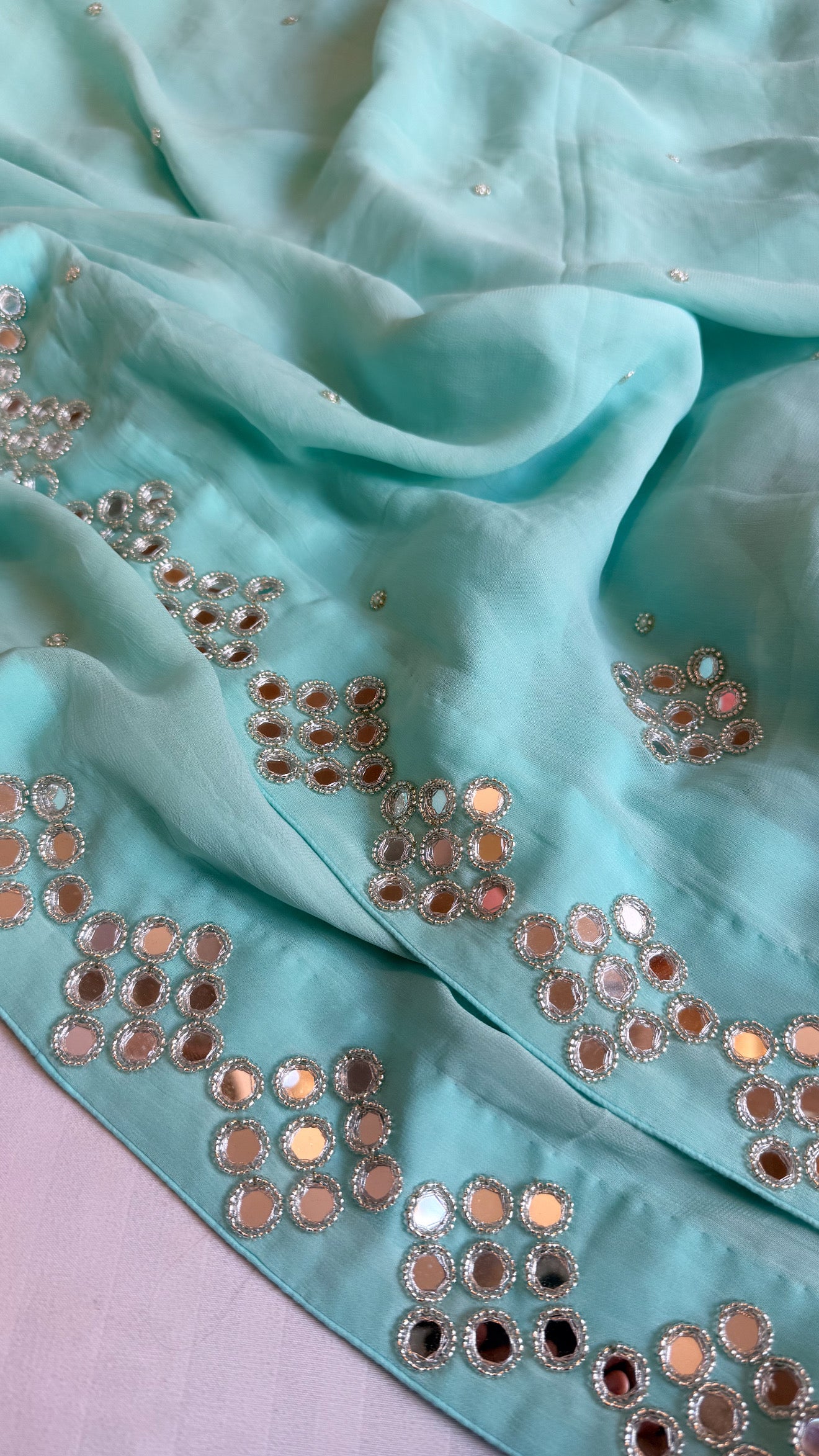 Mother’s Day offer - Blush blue chiffon gorgette mirrorwork hand embroidered sarees
