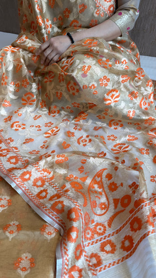 Iktara tissue silk orange meenakari jungla jamdani suit set