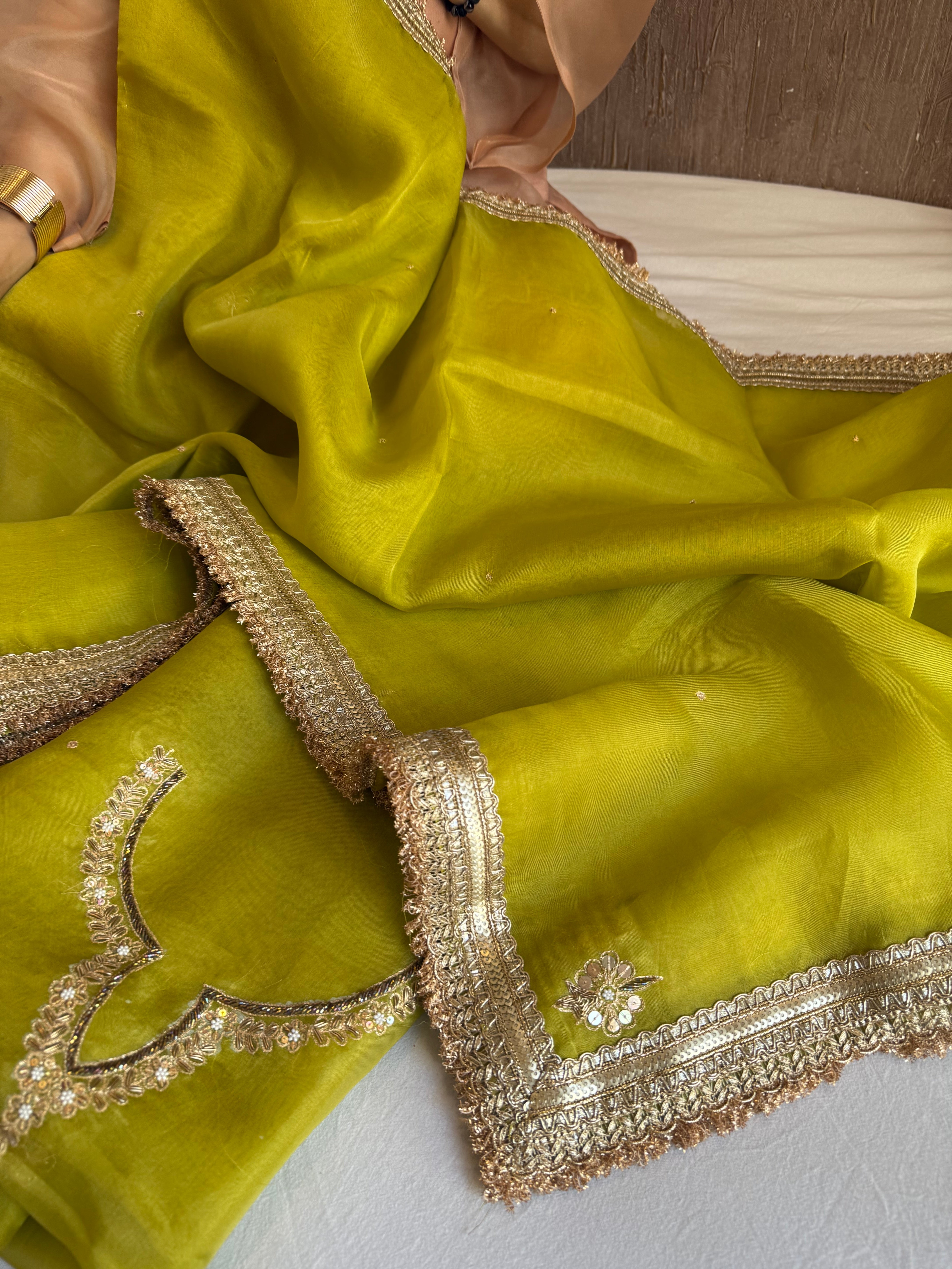 Aari and tilli kora silk hand embroidered mehendi green kadhwa suit set