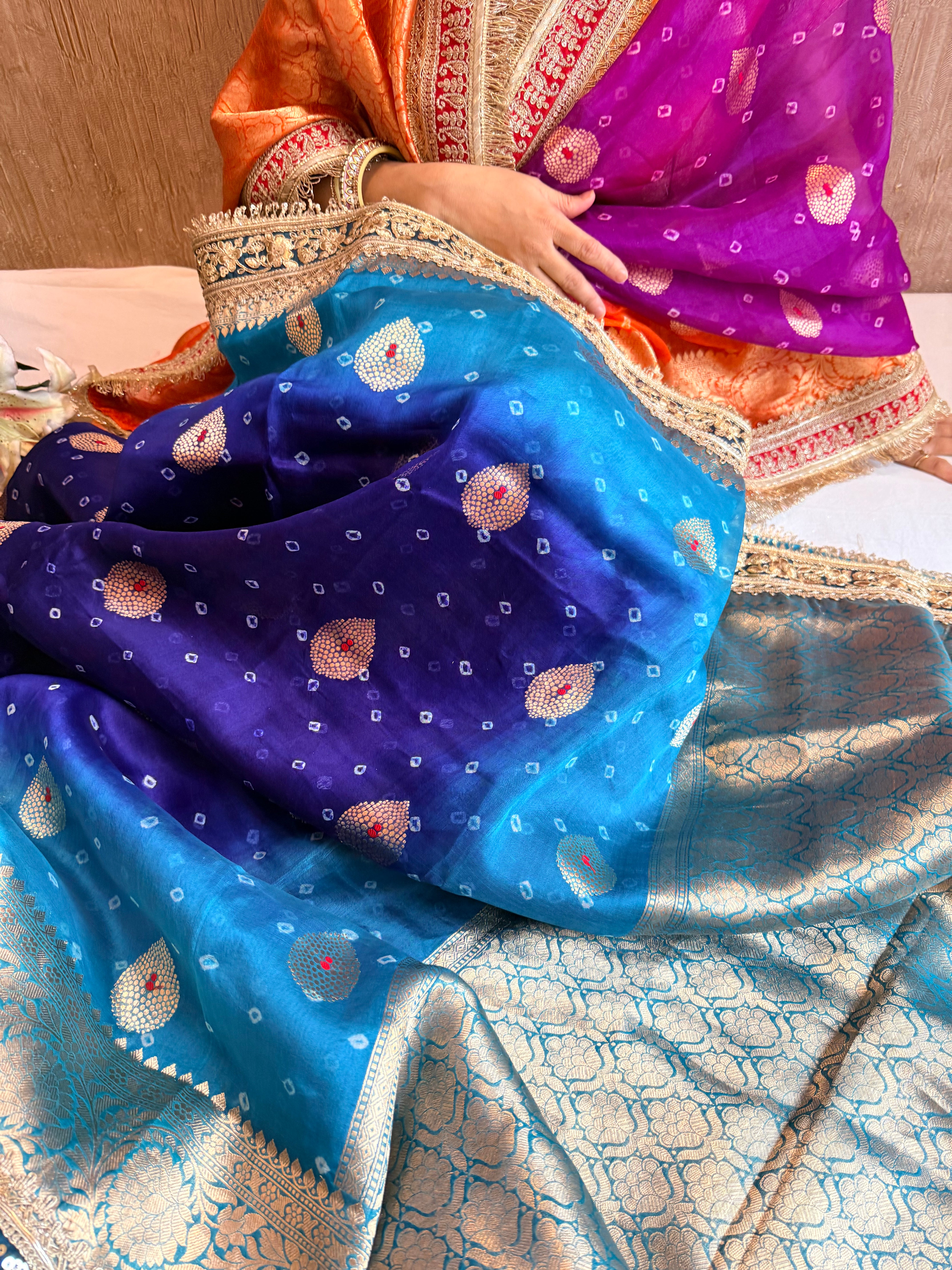 Mayra wali saree - Kora silk bandhej work meenakari gotapatti saree