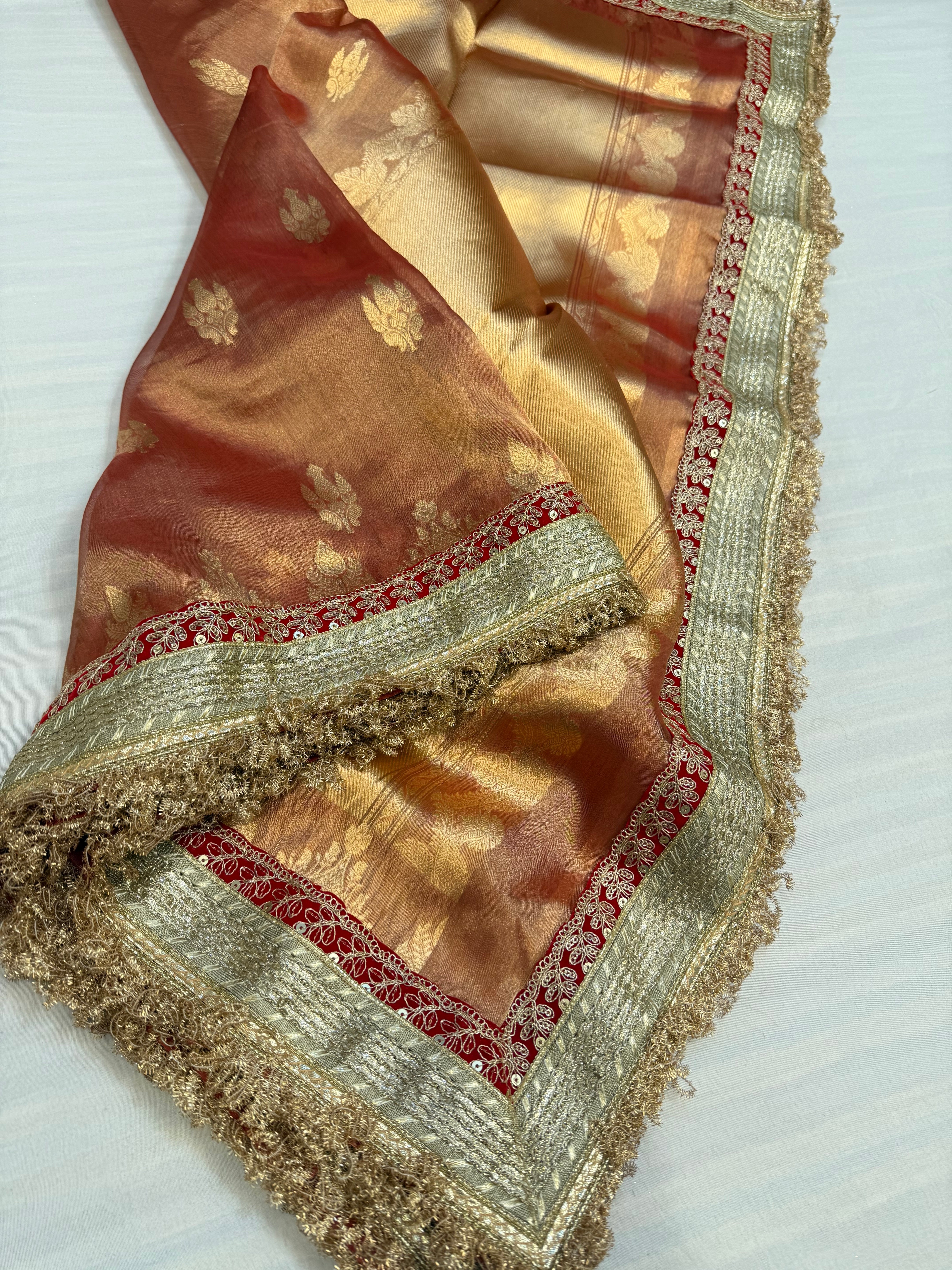 Cherry pink maharani tissue silk kadhwa buti saree