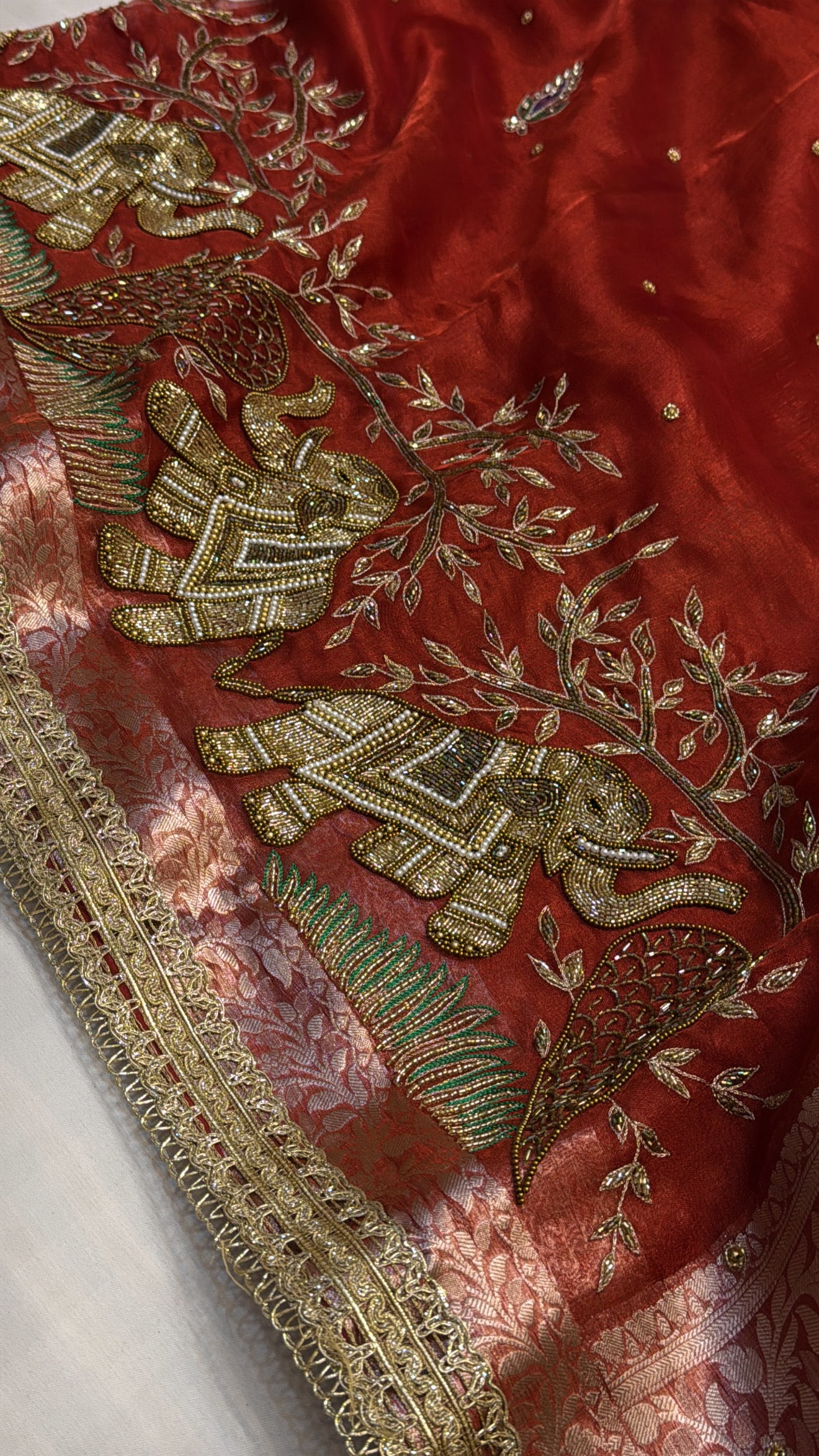 Dulhan ka joda red tissue silk hand embroidered kadhwa saree