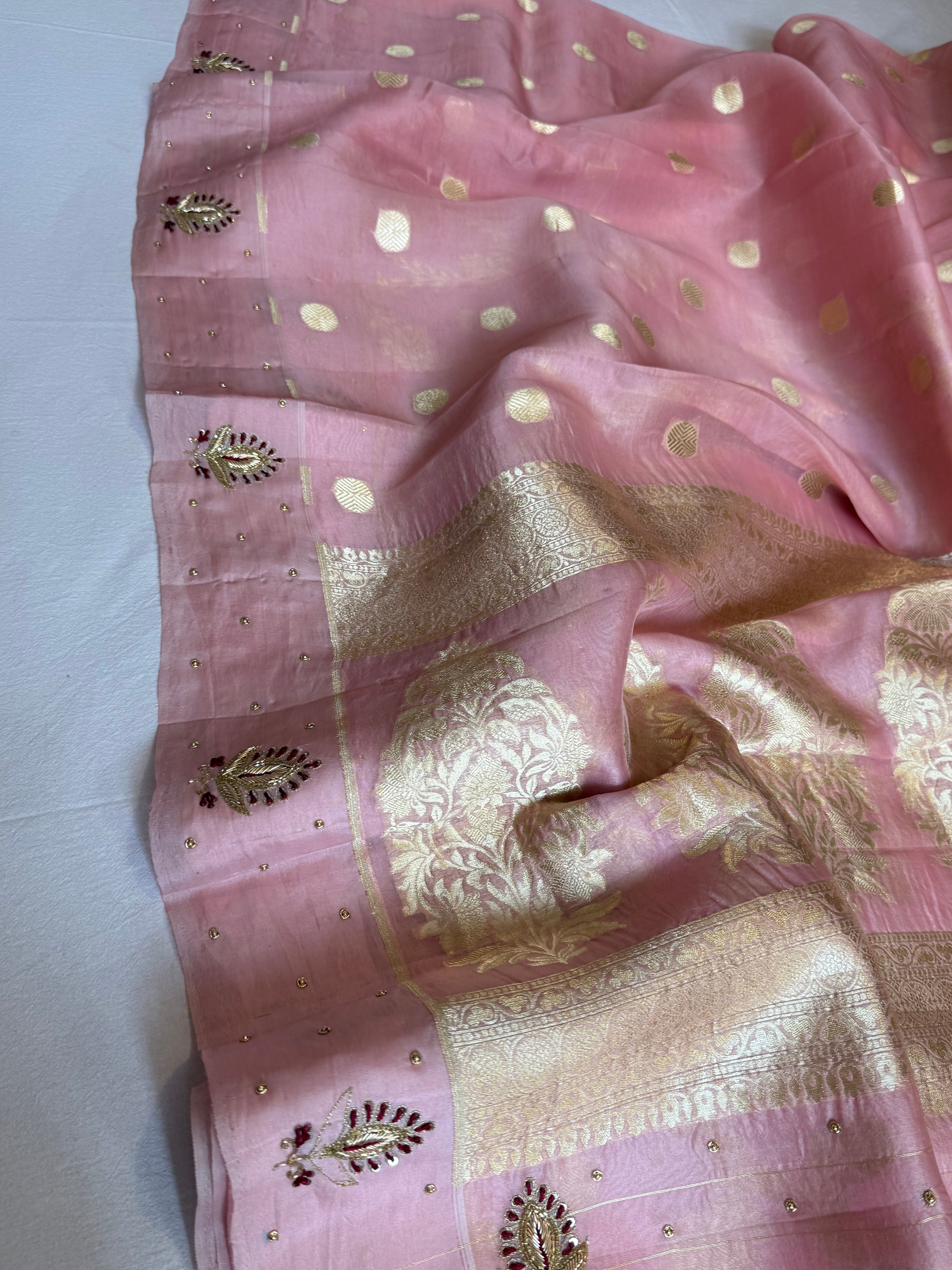 Blush pink banarasi kora silk hand embroidered kadhwa saree