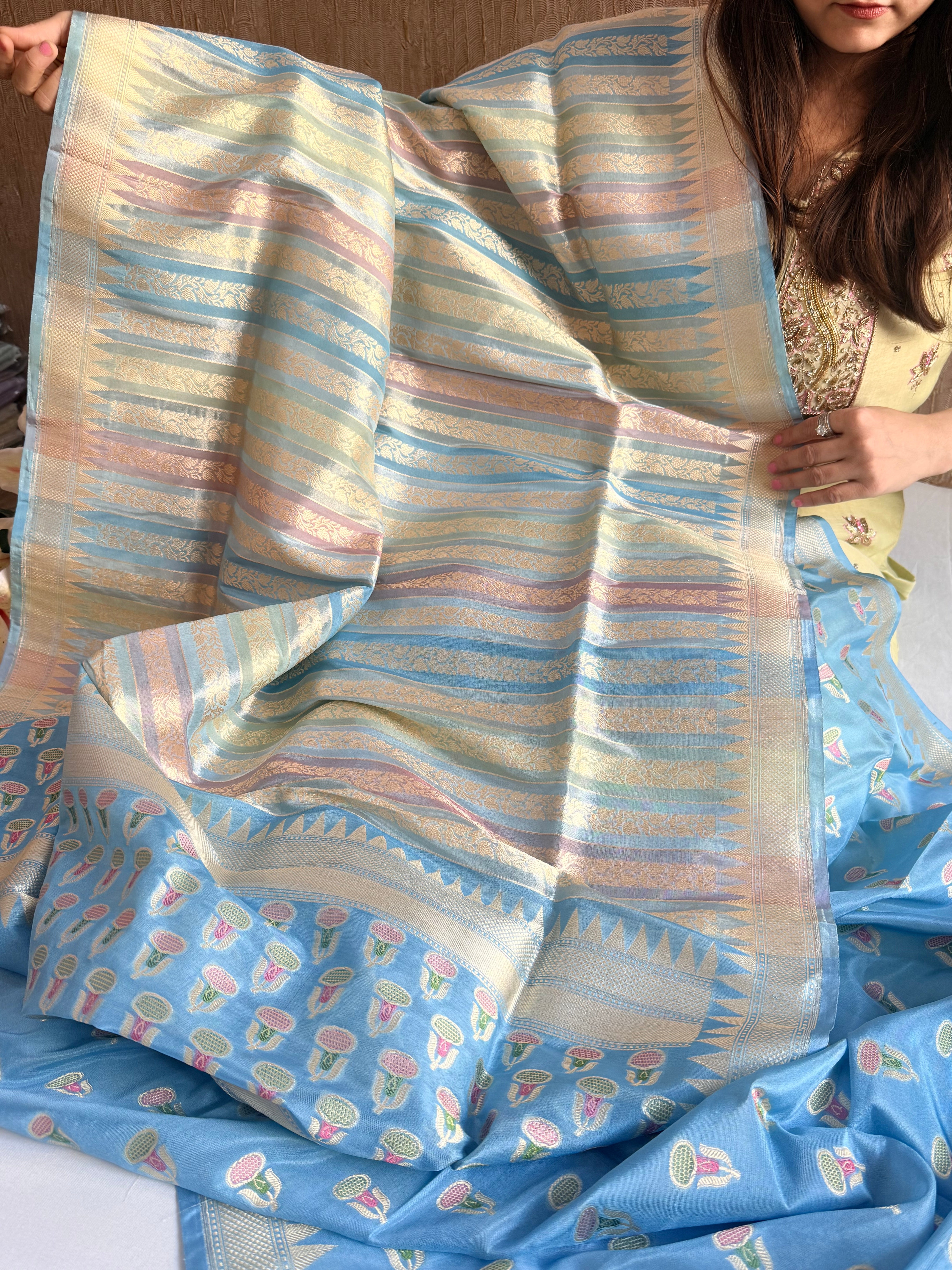 Katan gorgette shades of blue pastels rangkaat weaving suit set