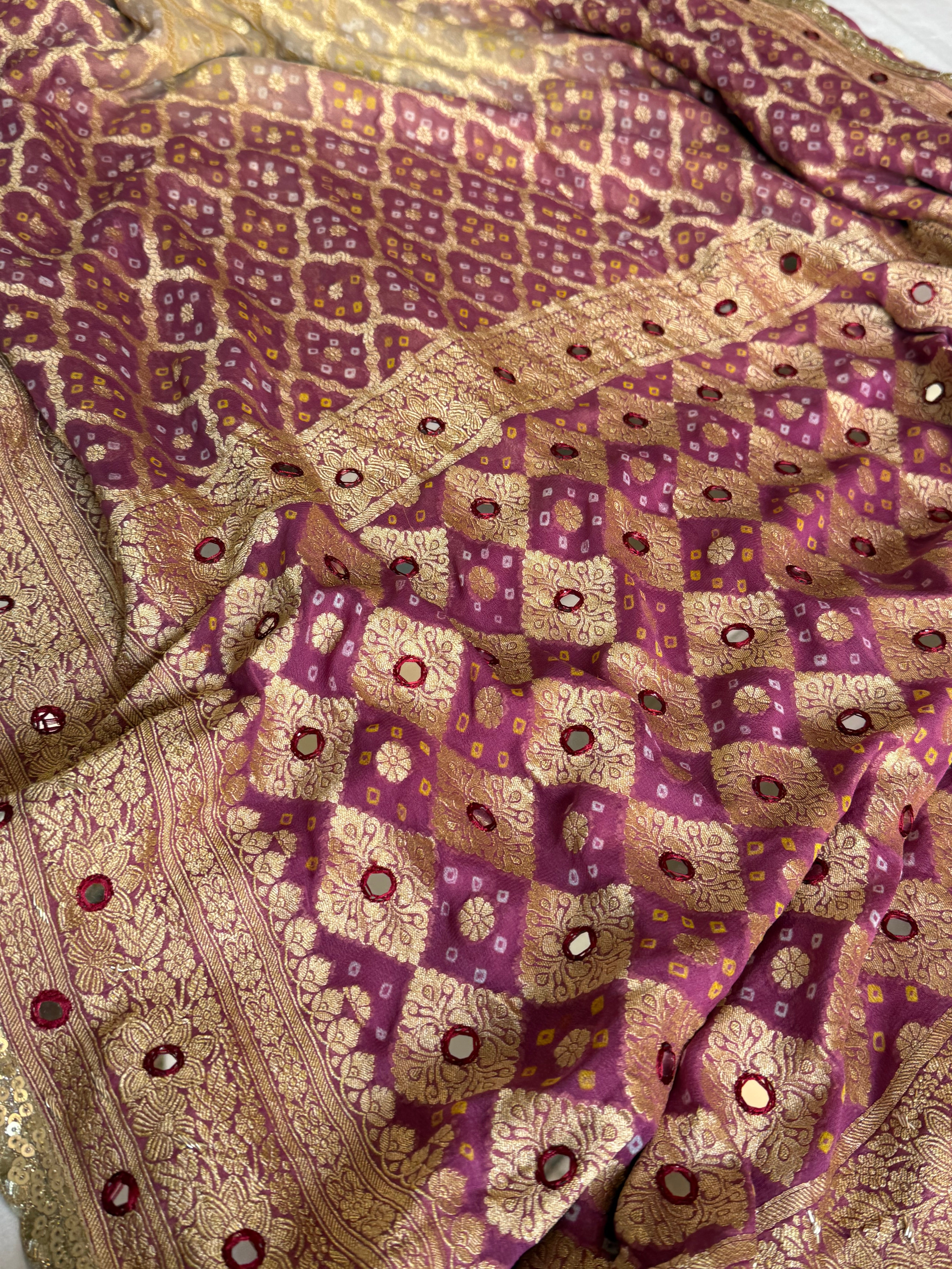 Lotus pink ombre shaded banarasi rai bandhej chiffon gorgette hand embroidered saree