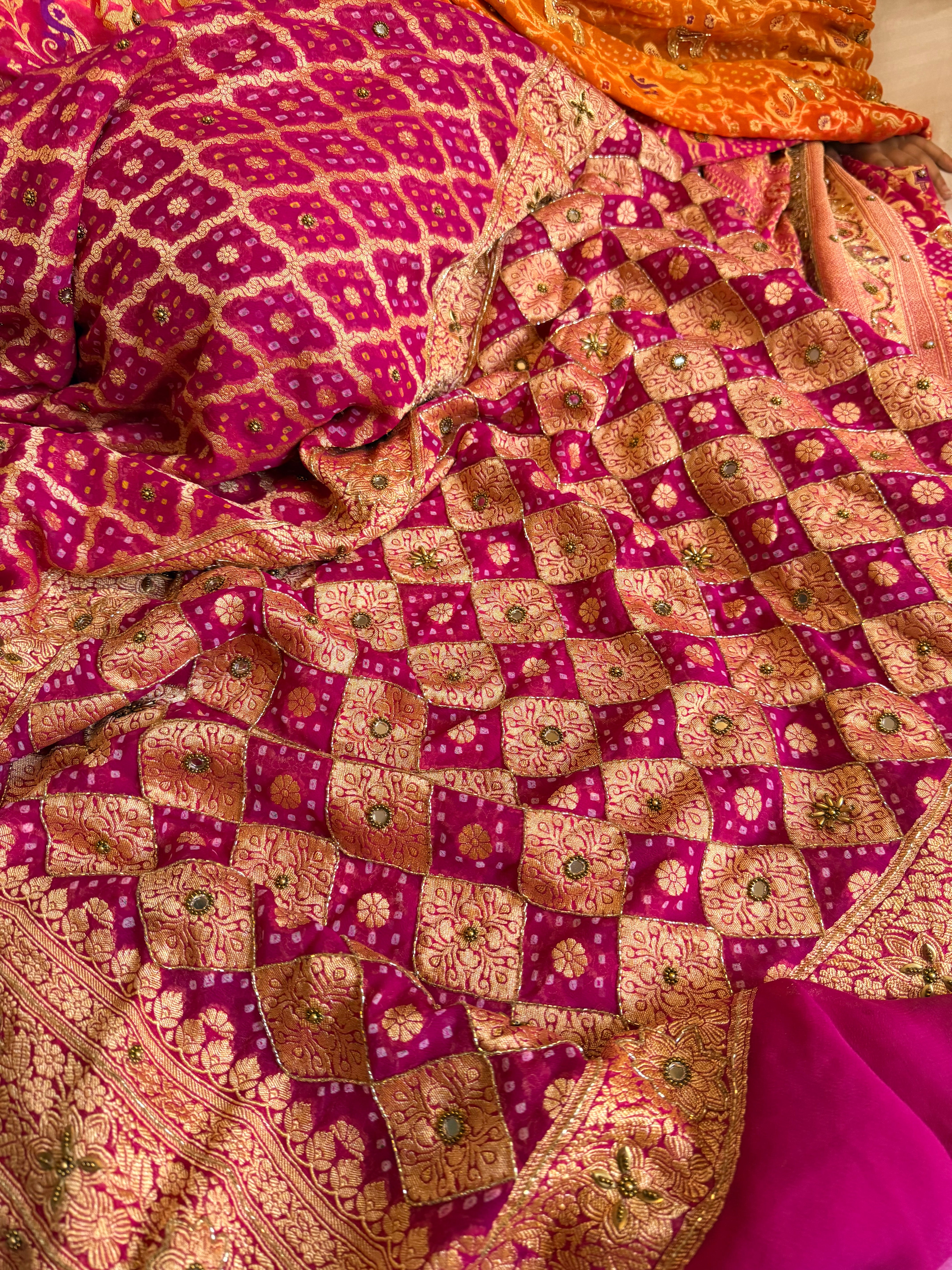 Bandhej saree ka sandook - Fuchsia pink shaded chiffon gorgette banarasi bandhej saree