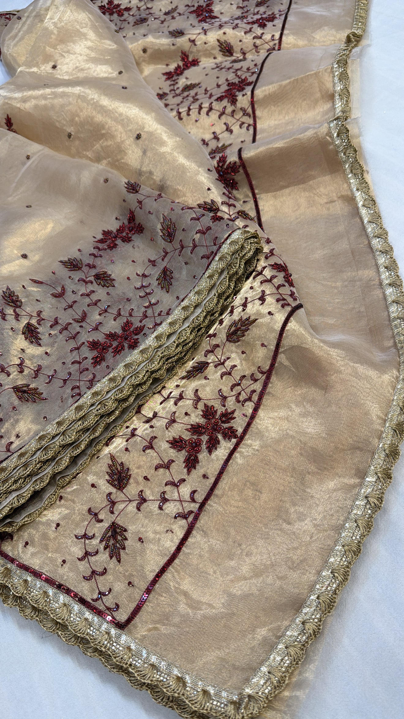 Golden husn tissue silk red meenakari hand embroidered kadhwa saree