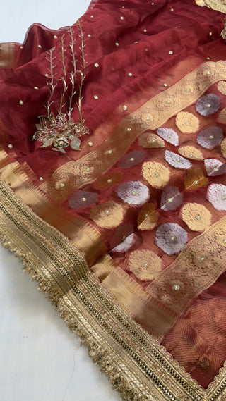 Baarat wali saree - Maroonish red husn tissue silk hand embroidered saree