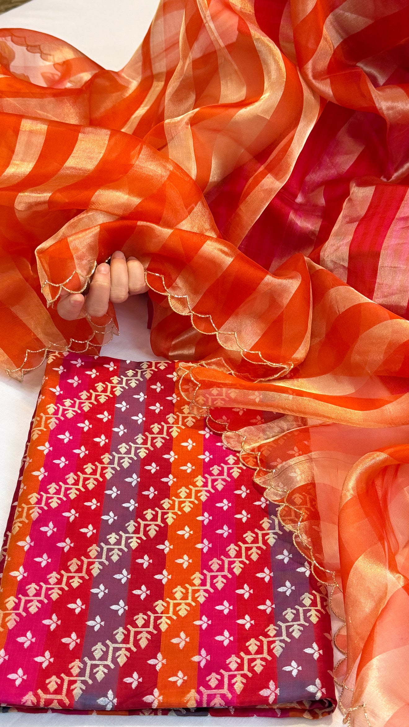 Katan silk rangkaat weaving kurta paired with Kora tissue striped duppata set