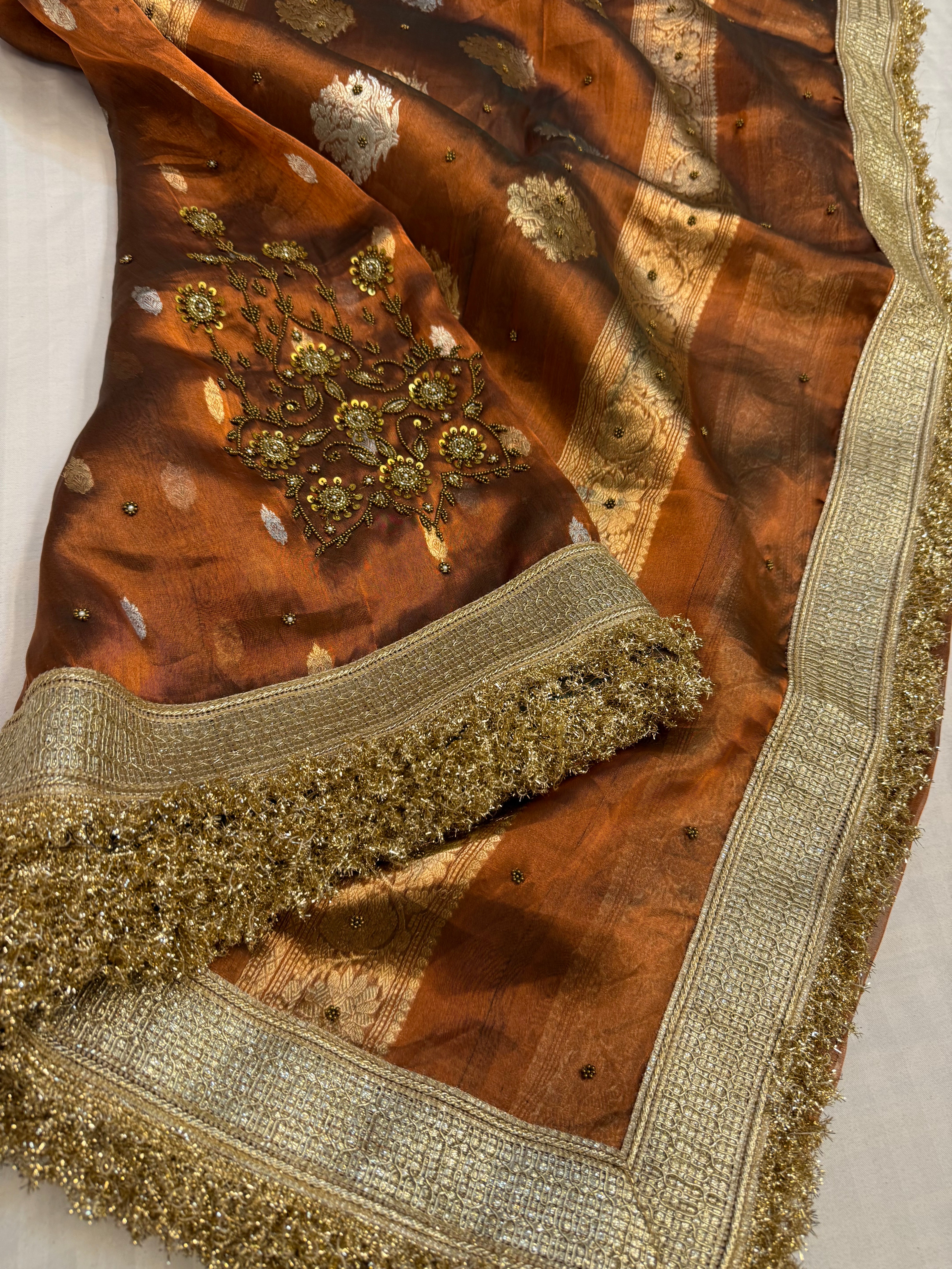 Cocktail edit sarees - Bronze tissue silk heavy hand embroidered sarees