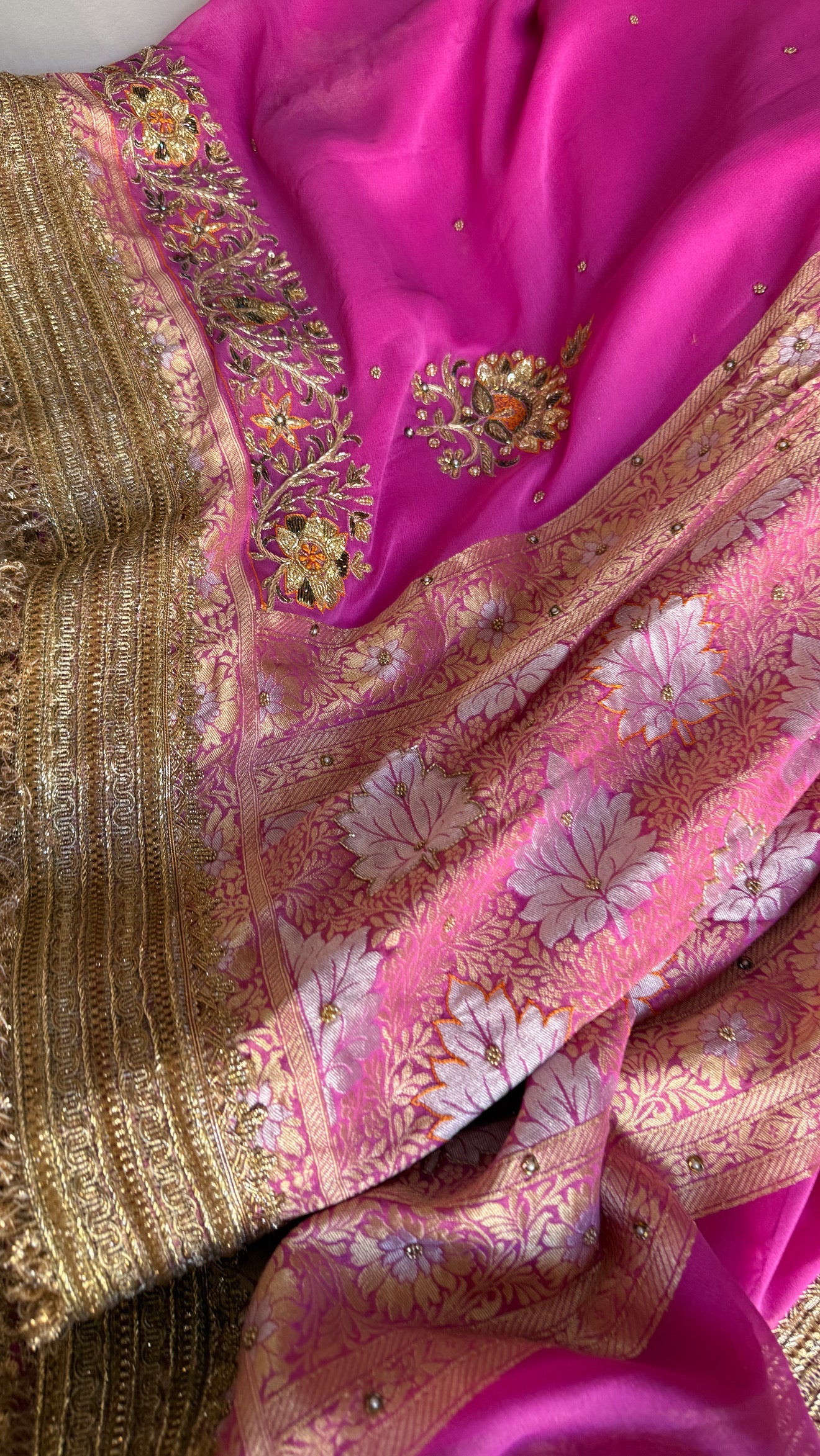 Hot pink gorgette kadhwa hand embroidered sona rupa saree