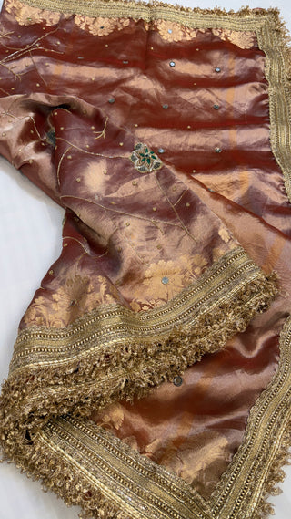 Cocktail wali saree - English peach tissue silk hand embroidered saree